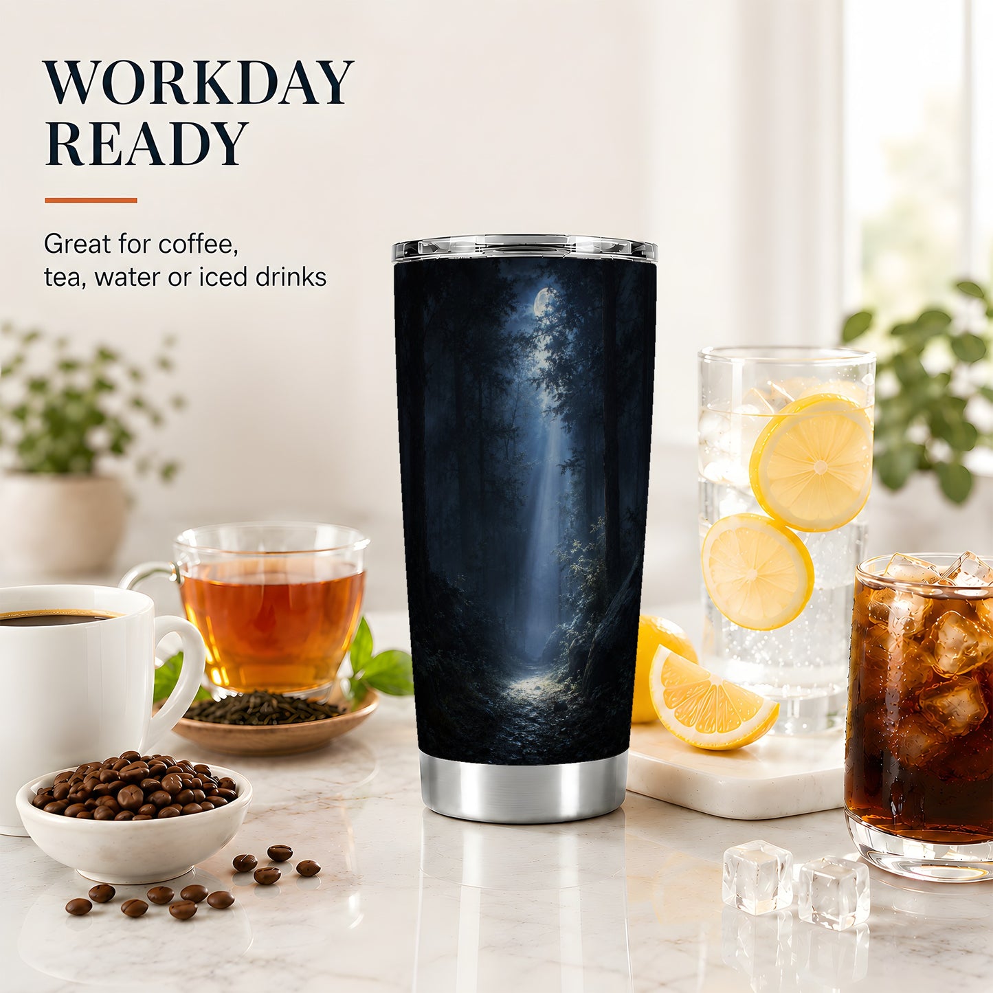 #pl[20oz|Steel] Moonlit Forest 20oz Skinny Tumbler, Woodland Night Path Design