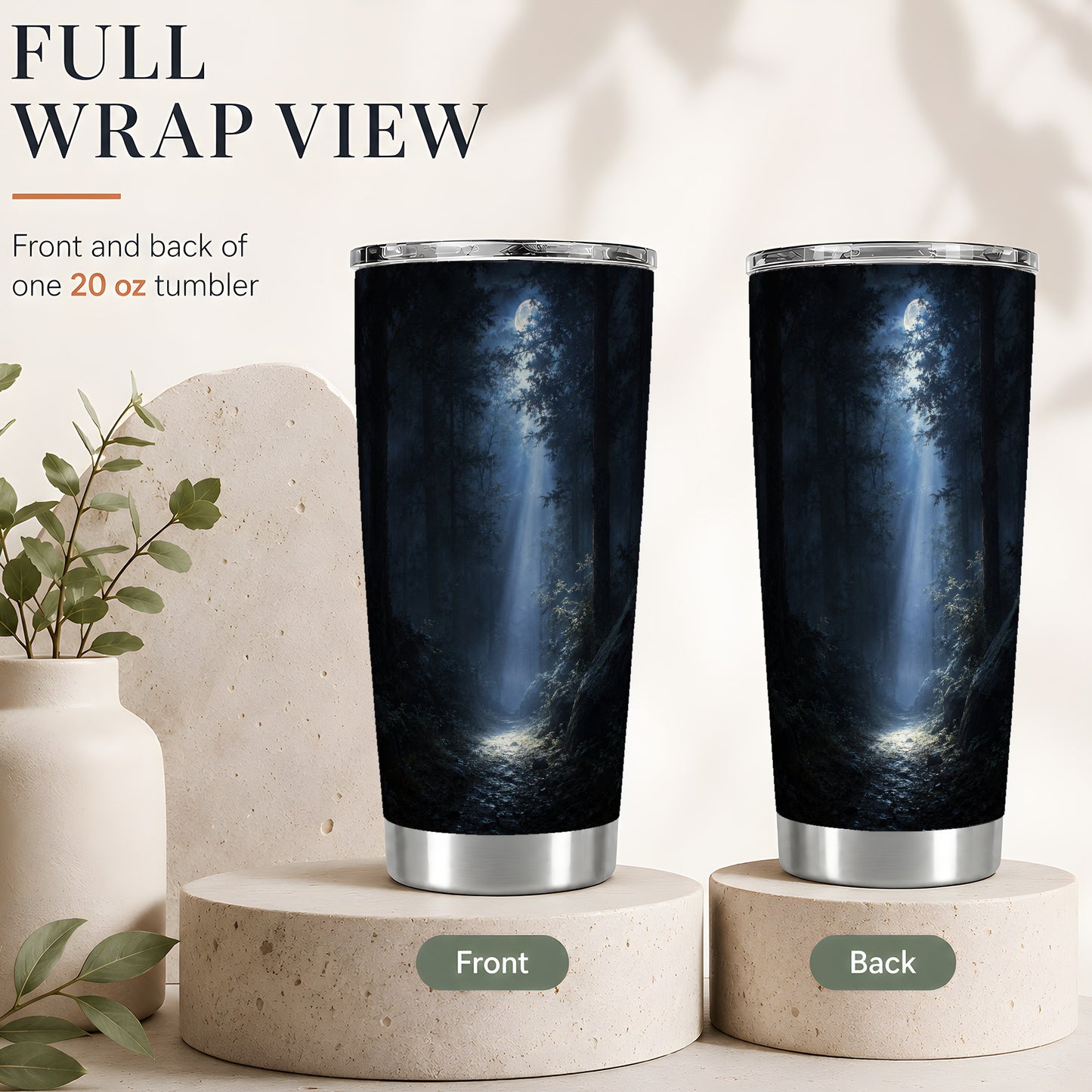 #pl[20oz|Steel] Moonlit Forest 20oz Skinny Tumbler, Woodland Night Path Design