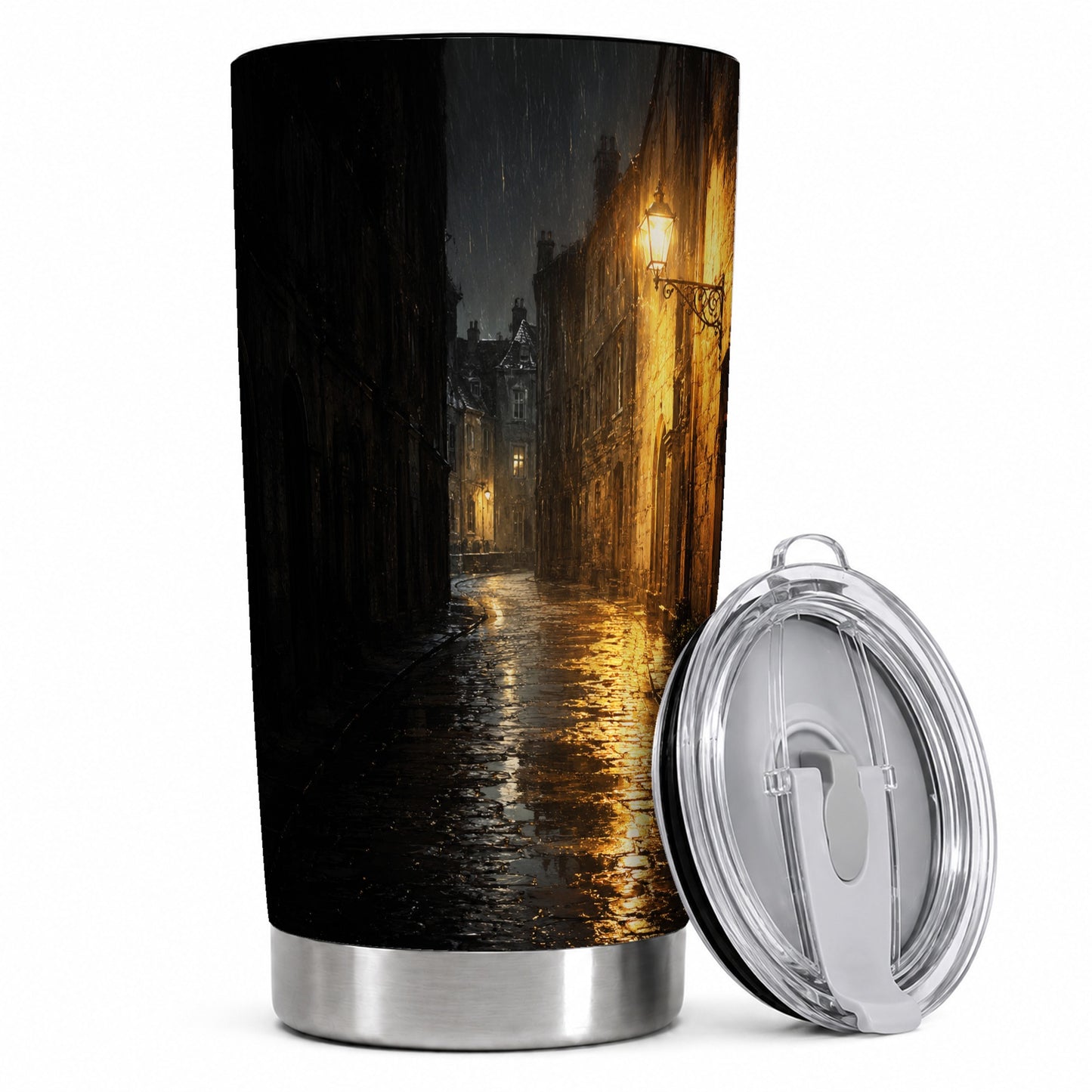 Rainy Street 20oz Skinny Tumbler, Vintage Lamp Night Design