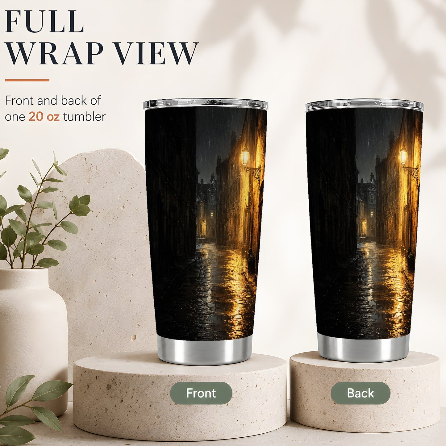 #pl[20oz|Steel] Rainy Street 20oz Skinny Tumbler, Vintage Lamp Night Design