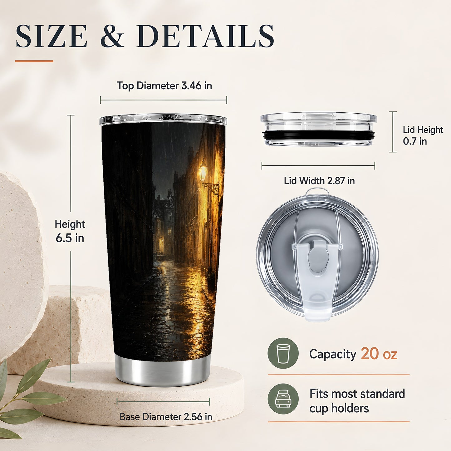 #pl[20oz|Steel] Rainy Street 20oz Skinny Tumbler, Vintage Lamp Night Design