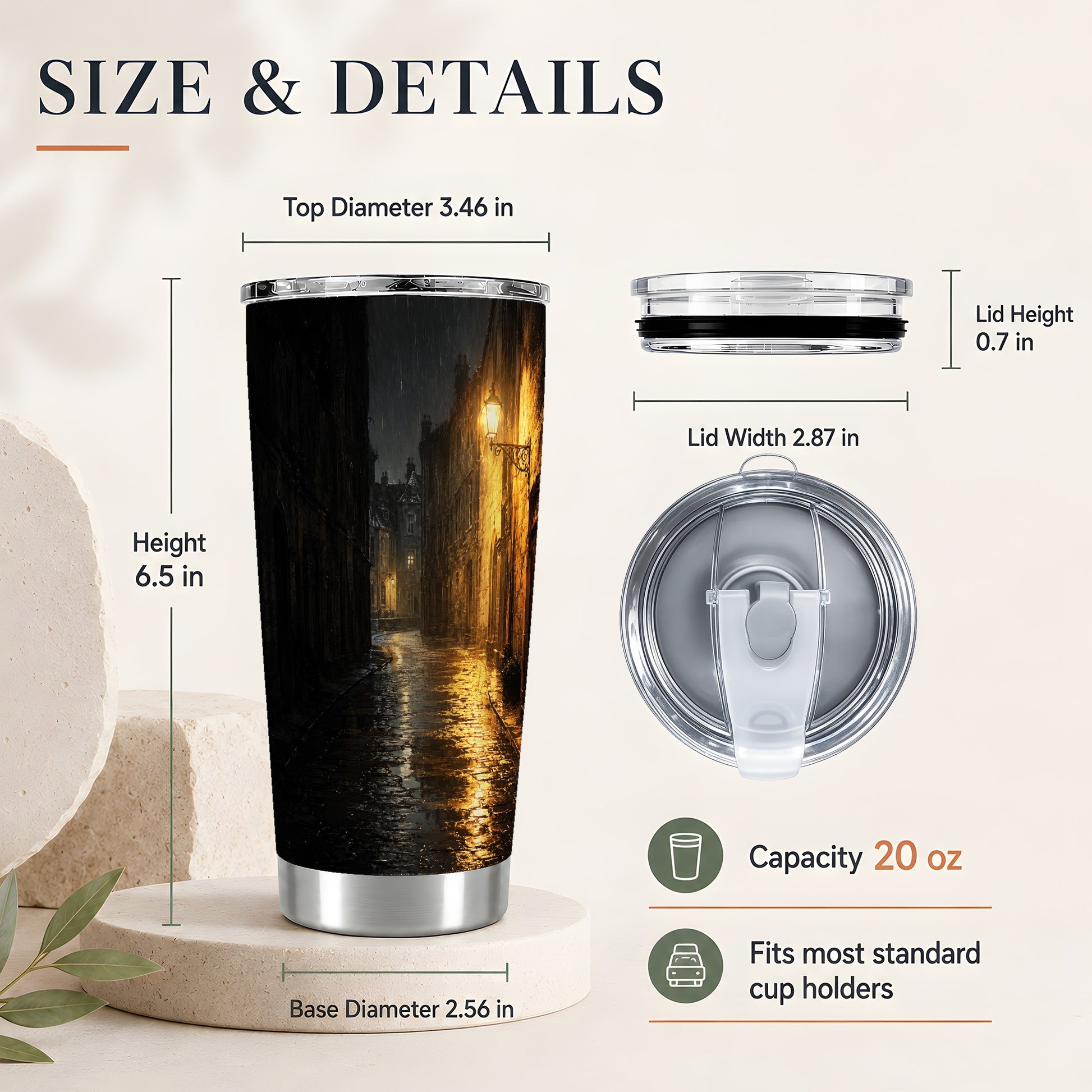 #pl[20oz|Steel] Rainy Street 20oz Skinny Tumbler, Vintage Lamp Night Design