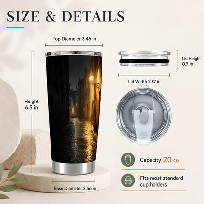#pl[20oz|Steel] Rainy Street 20oz Skinny Tumbler, Vintage Lamp Night Design