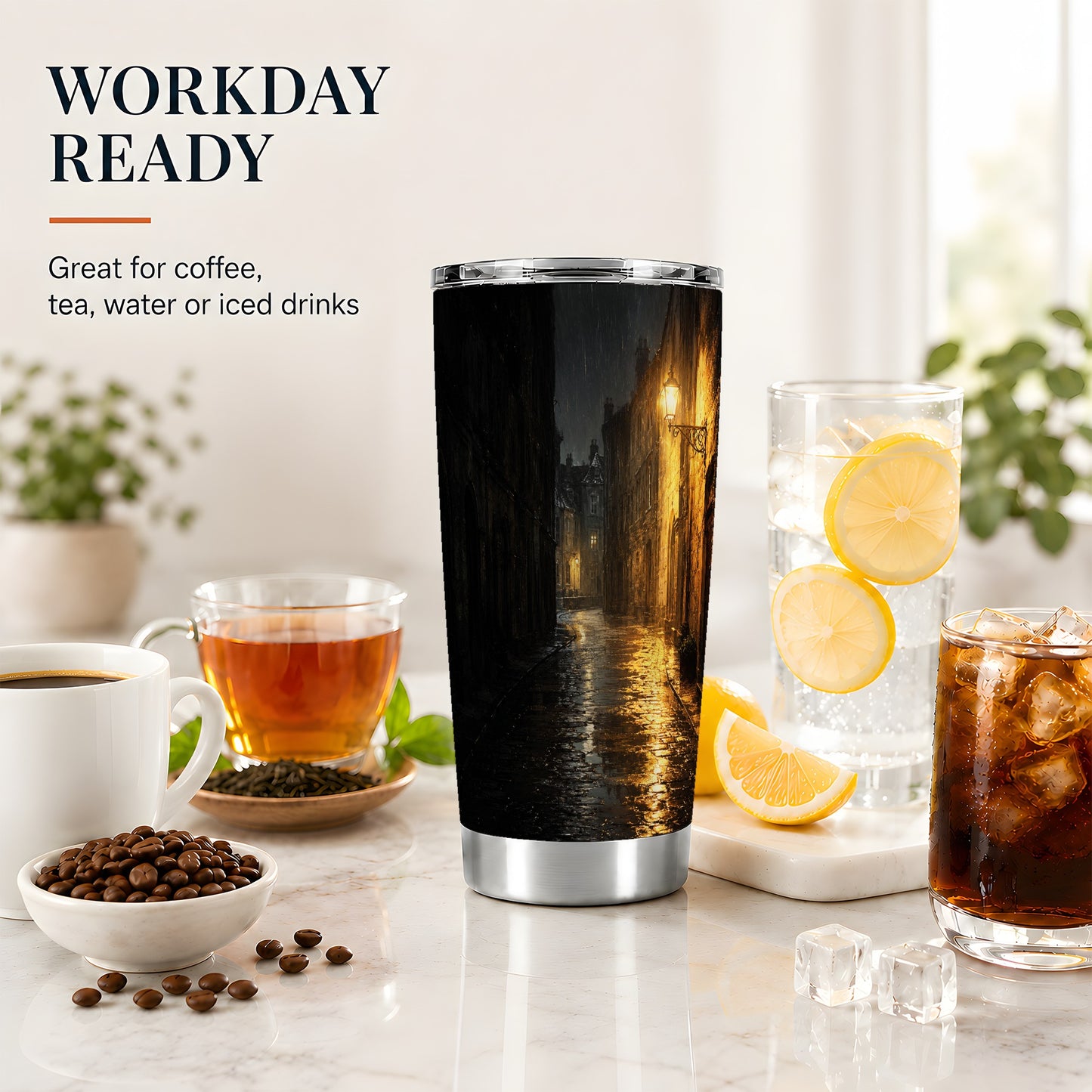#pl[20oz|Steel] Rainy Street 20oz Skinny Tumbler, Vintage Lamp Night Design