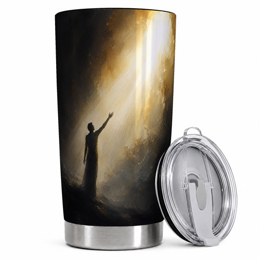 Reaching for Light 20oz Skinny Tumbler, Hopeful Cave Design