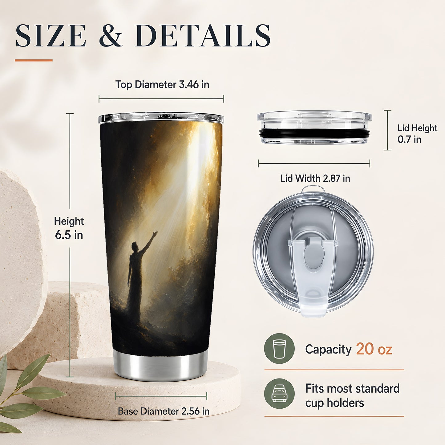 #pl[20oz|Steel] Reaching for Light 20oz Skinny Tumbler, Hopeful Cave Design