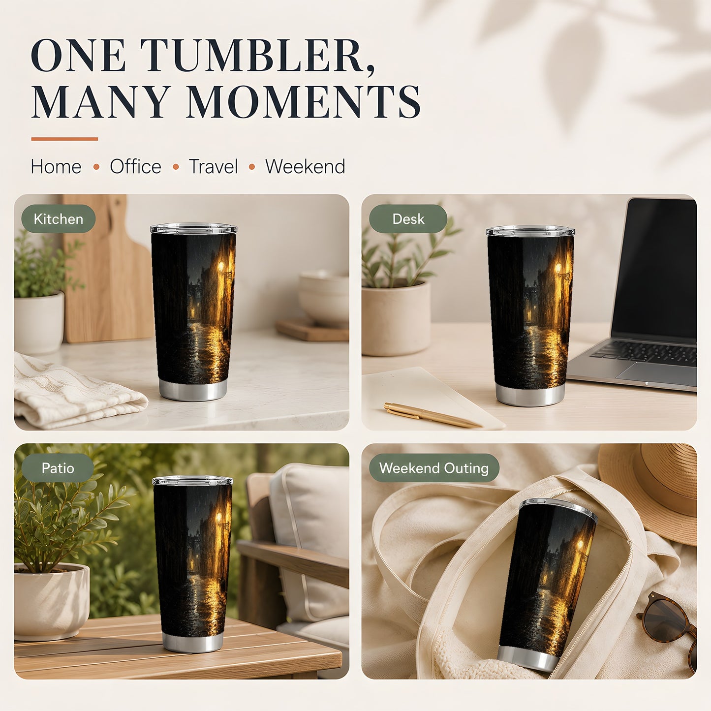 #pl[20oz|Steel] Rainy Street 20oz Skinny Tumbler, Vintage Lamp Night Design