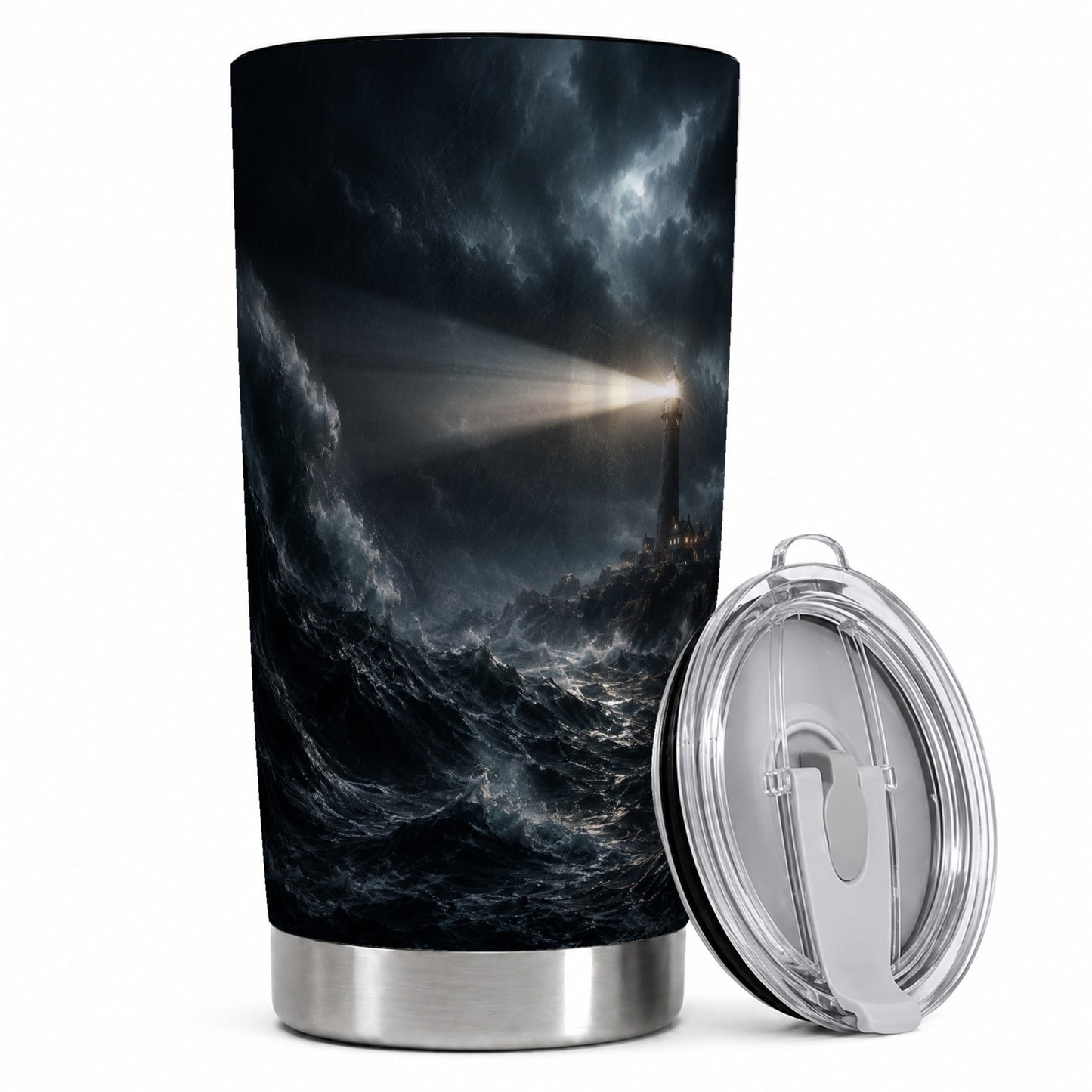 Storm Lighthouse 20oz Skinny Tumbler, Dramatic Ocean Night Art
