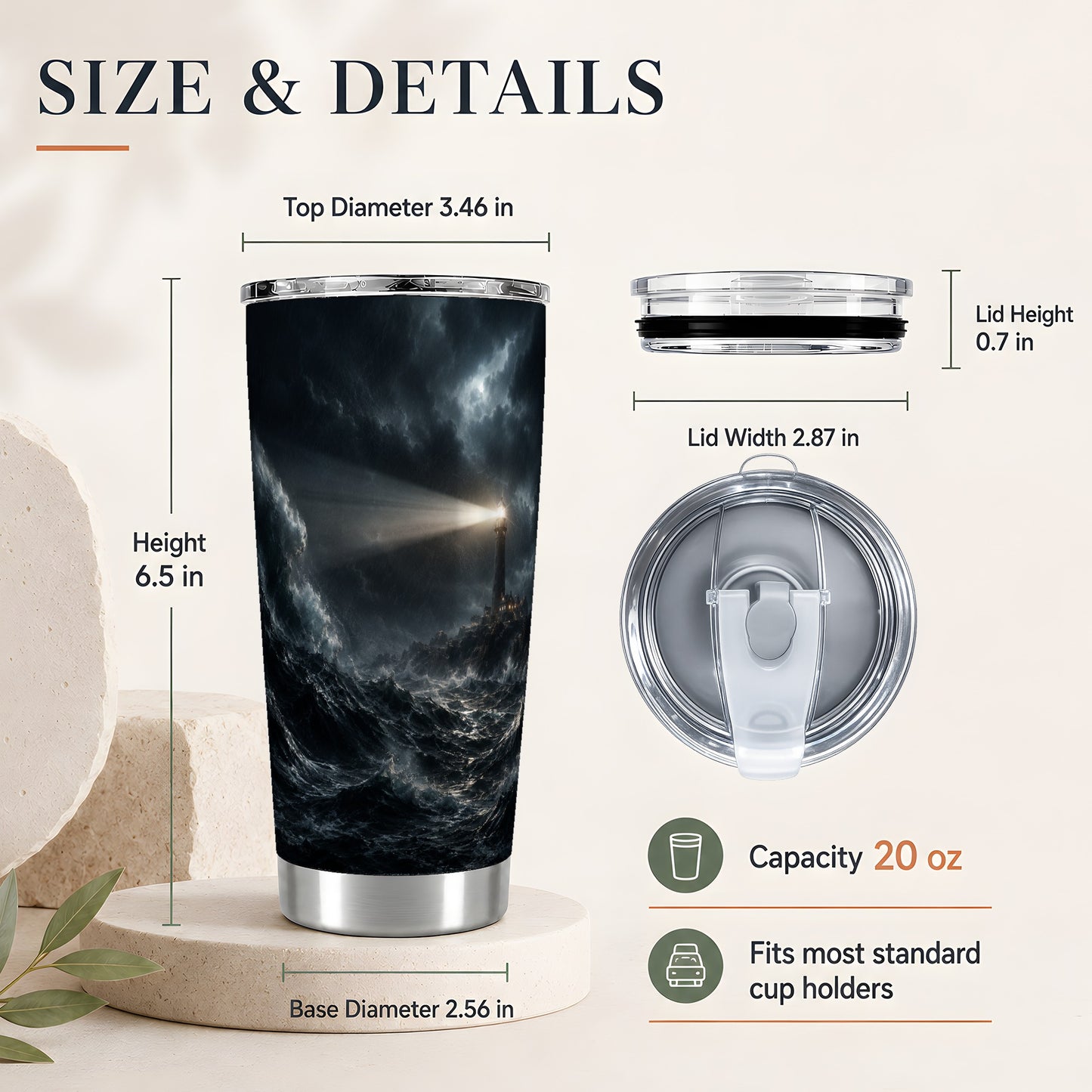 #pl[20oz|Steel] Storm Lighthouse 20oz Skinny Tumbler, Dramatic Ocean Night Art