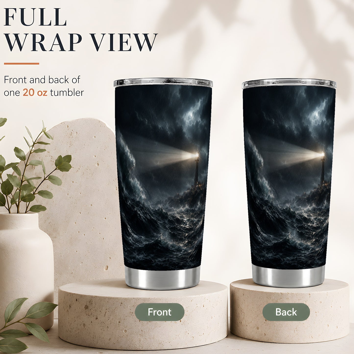 #pl[20oz|Steel] Storm Lighthouse 20oz Skinny Tumbler, Dramatic Ocean Night Art