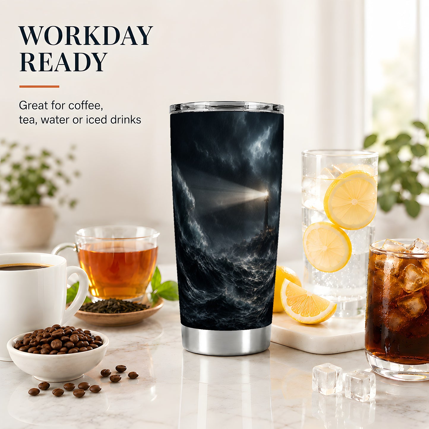 #pl[20oz|Steel] Storm Lighthouse 20oz Skinny Tumbler, Dramatic Ocean Night Art
