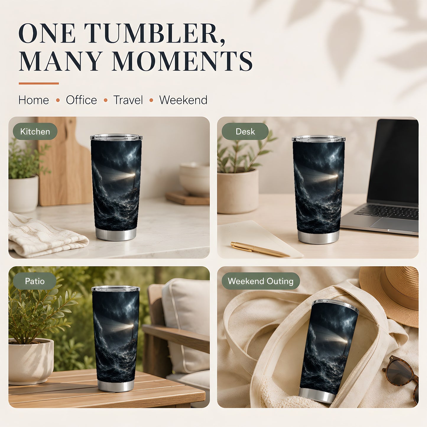 #pl[20oz|Steel] Storm Lighthouse 20oz Skinny Tumbler, Dramatic Ocean Night Art