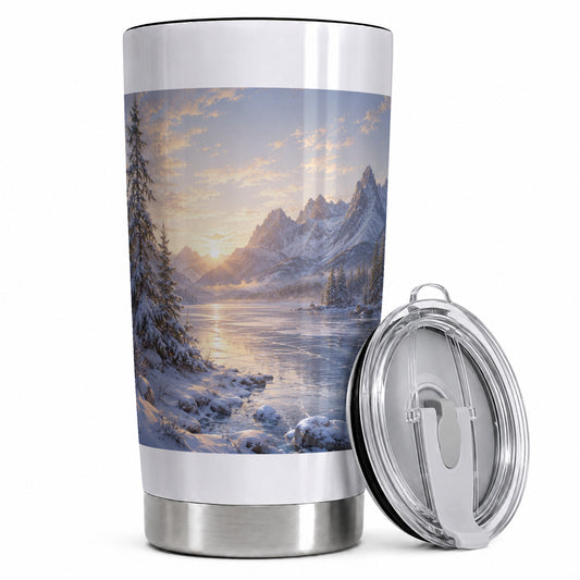 Winter Mountain Sunrise 20oz Skinny Tumbler, Frozen Lake Art