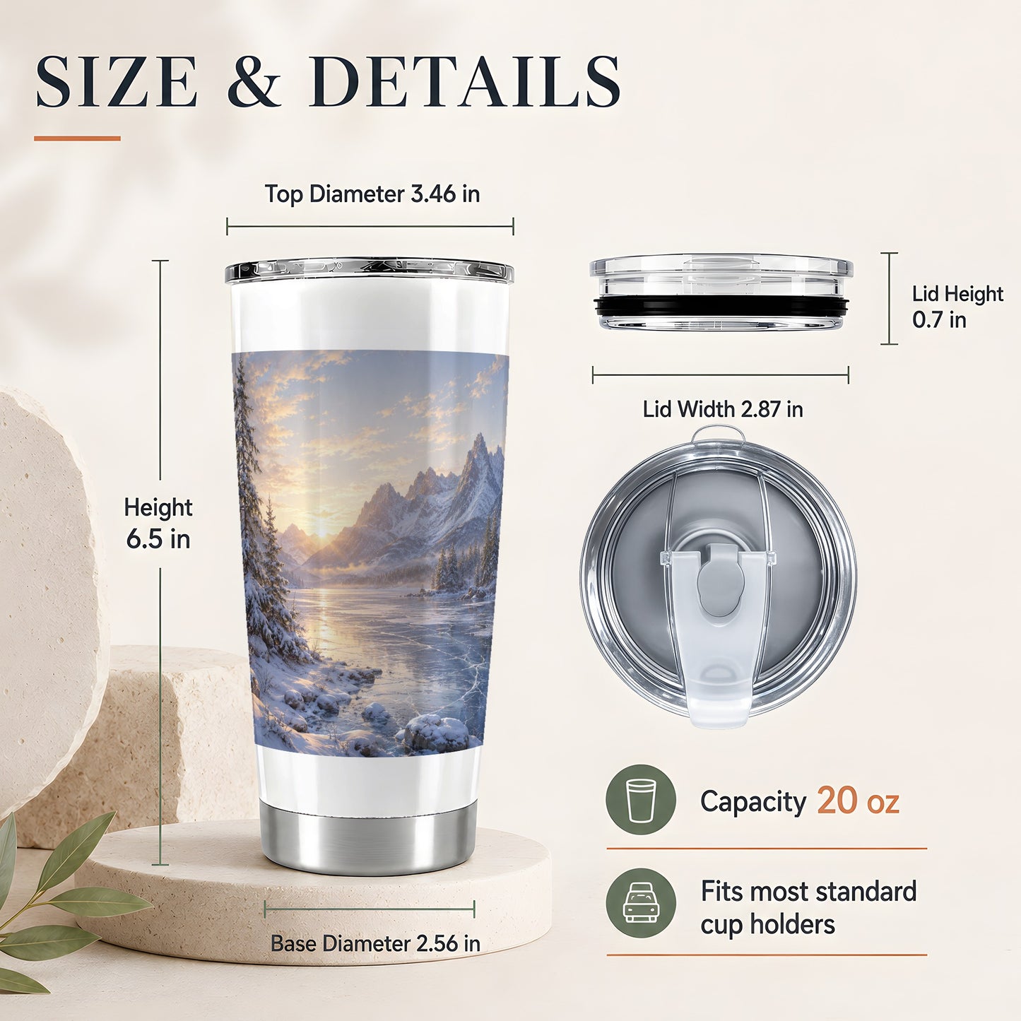 #pl[20oz|Steel] Winter Mountain Sunrise 20oz Skinny Tumbler, Frozen Lake Art
