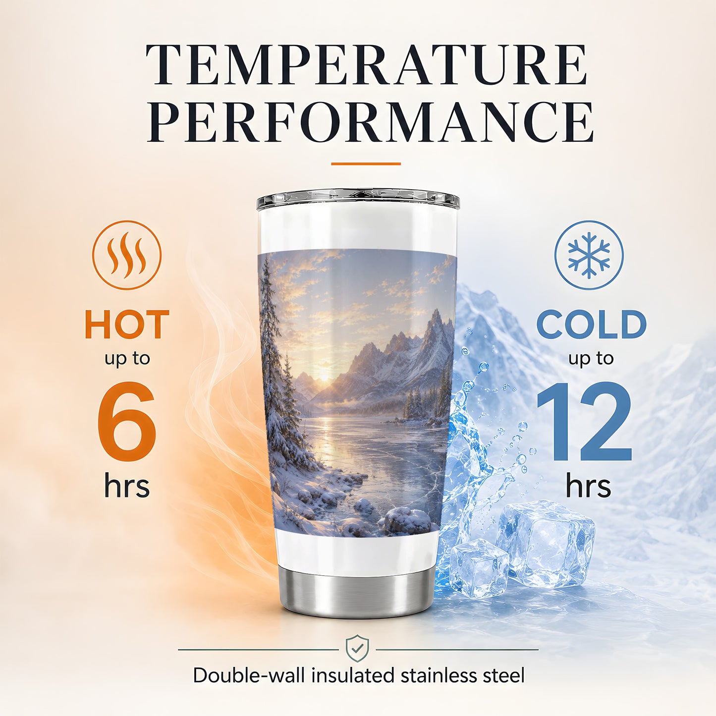 #pl[20oz|Steel] Winter Mountain Sunrise 20oz Skinny Tumbler, Frozen Lake Art