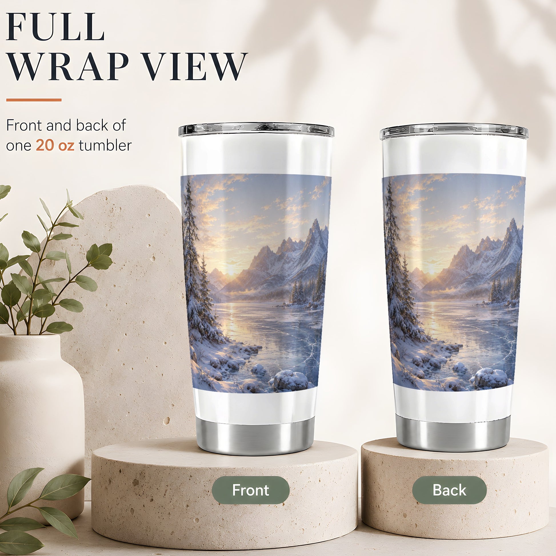 #pl[20oz|Steel] Winter Mountain Sunrise 20oz Skinny Tumbler, Frozen Lake Art