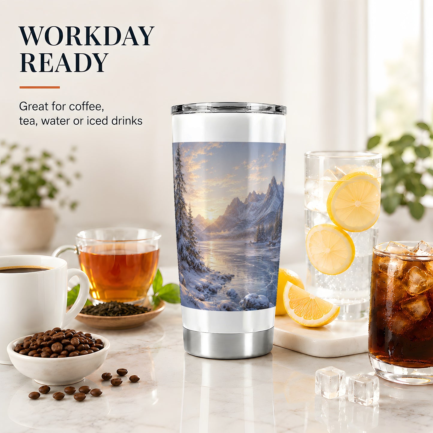 #pl[20oz|Steel] Winter Mountain Sunrise 20oz Skinny Tumbler, Frozen Lake Art