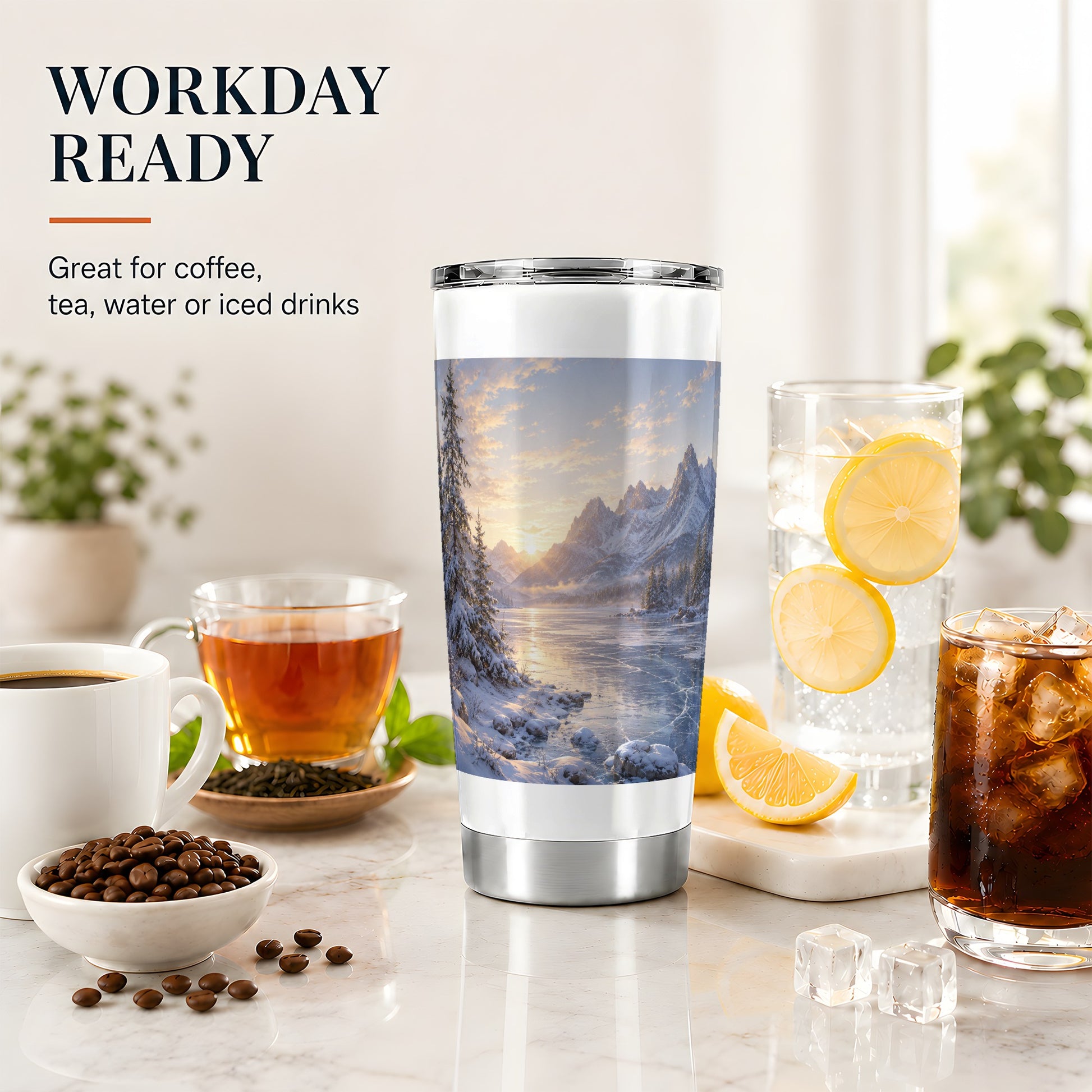 #pl[20oz|Steel] Winter Mountain Sunrise 20oz Skinny Tumbler, Frozen Lake Art