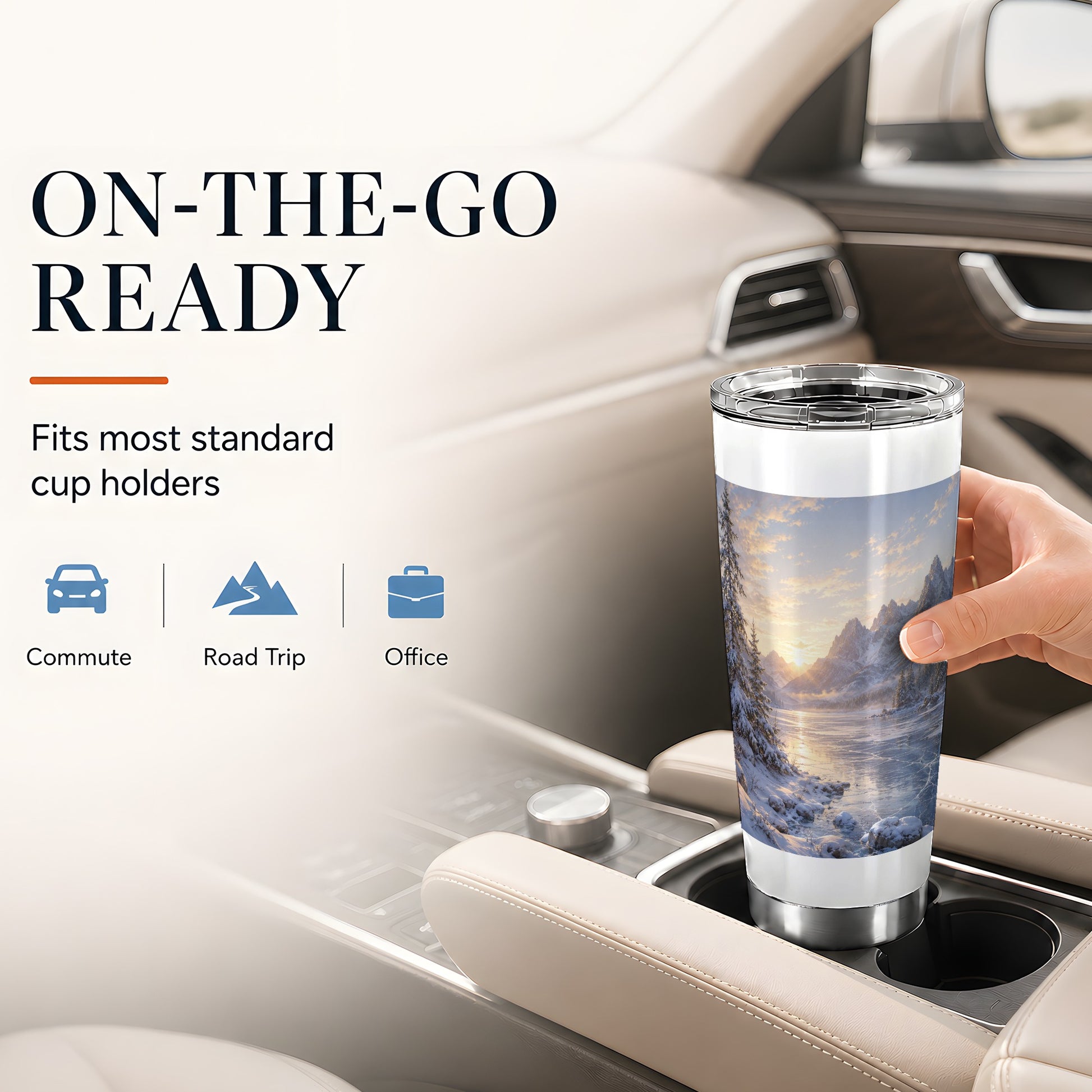 #pl[20oz|Steel] Winter Mountain Sunrise 20oz Skinny Tumbler, Frozen Lake Art