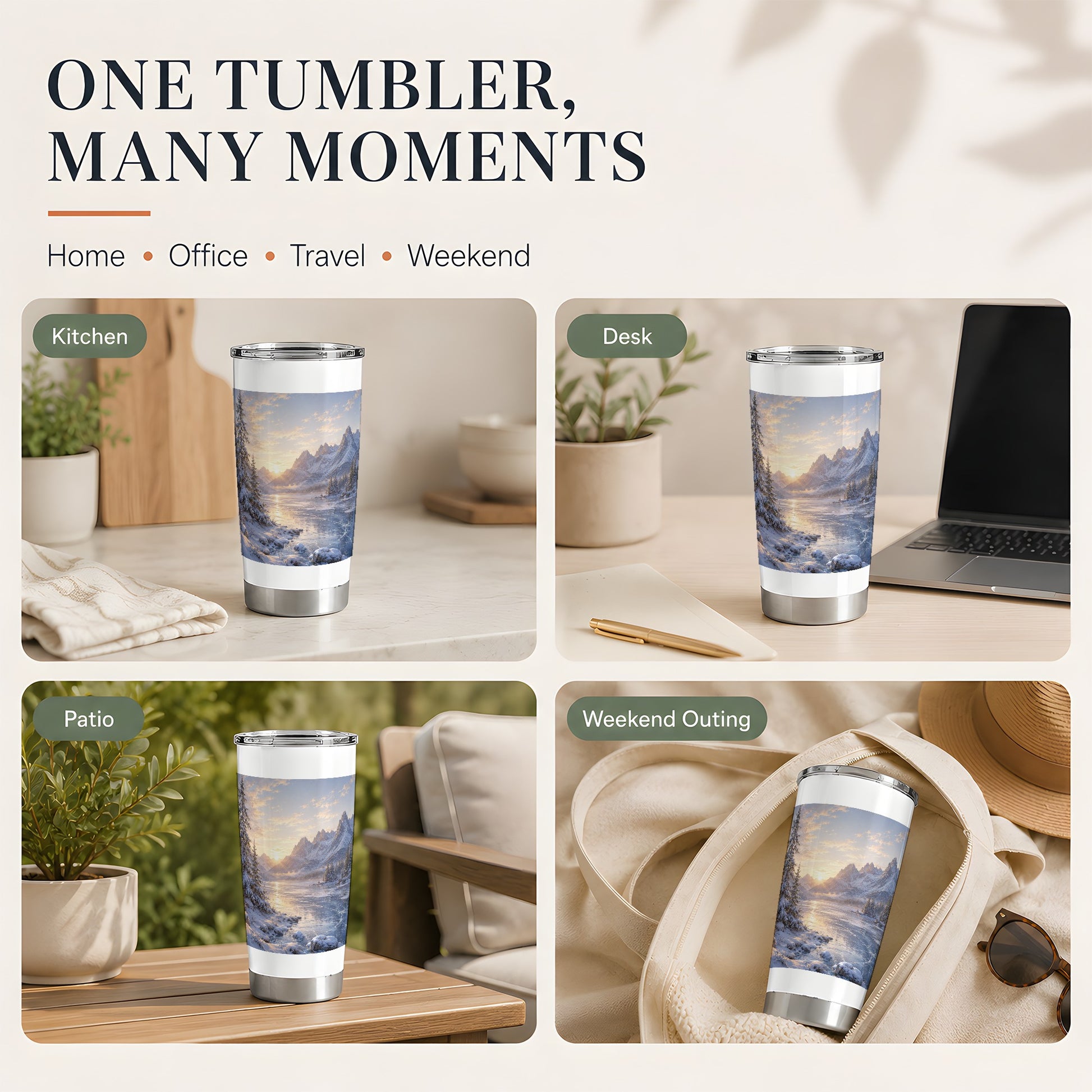 #pl[20oz|Steel] Winter Mountain Sunrise 20oz Skinny Tumbler, Frozen Lake Art