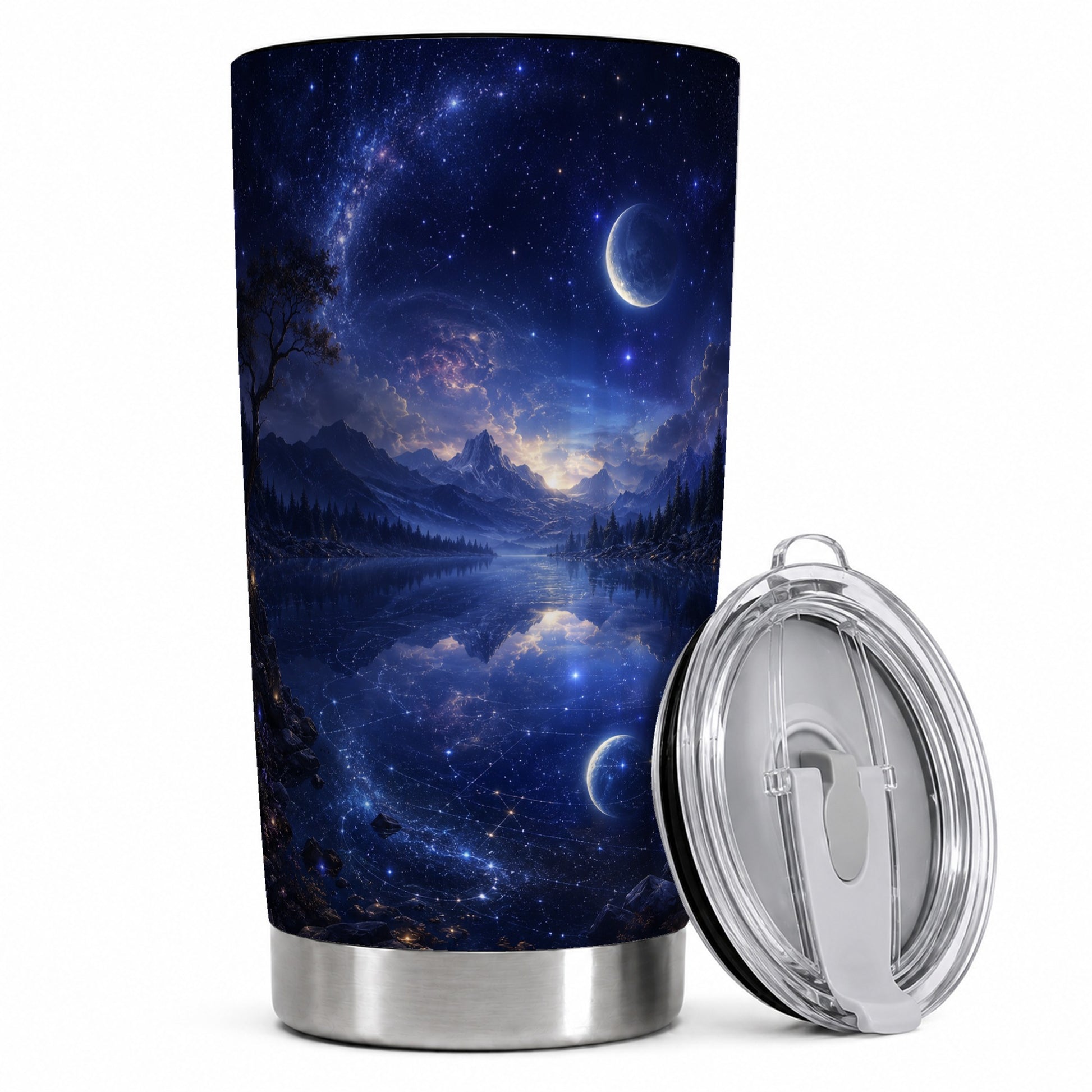 Cosmic Lake 20oz Skinny Tumbler, Moonlit Starry Night Art