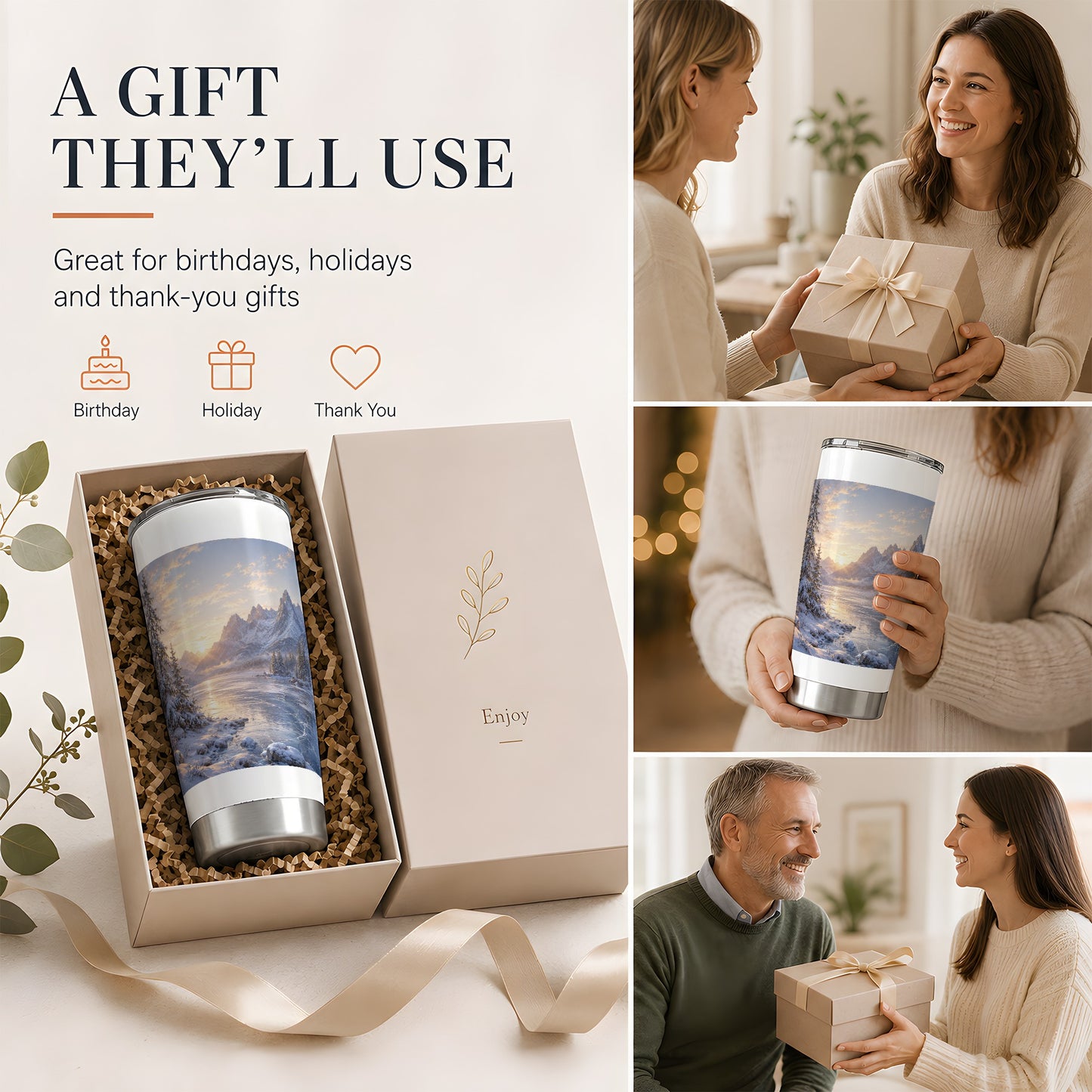 #pl[20oz|Steel] Winter Mountain Sunrise 20oz Skinny Tumbler, Frozen Lake Art