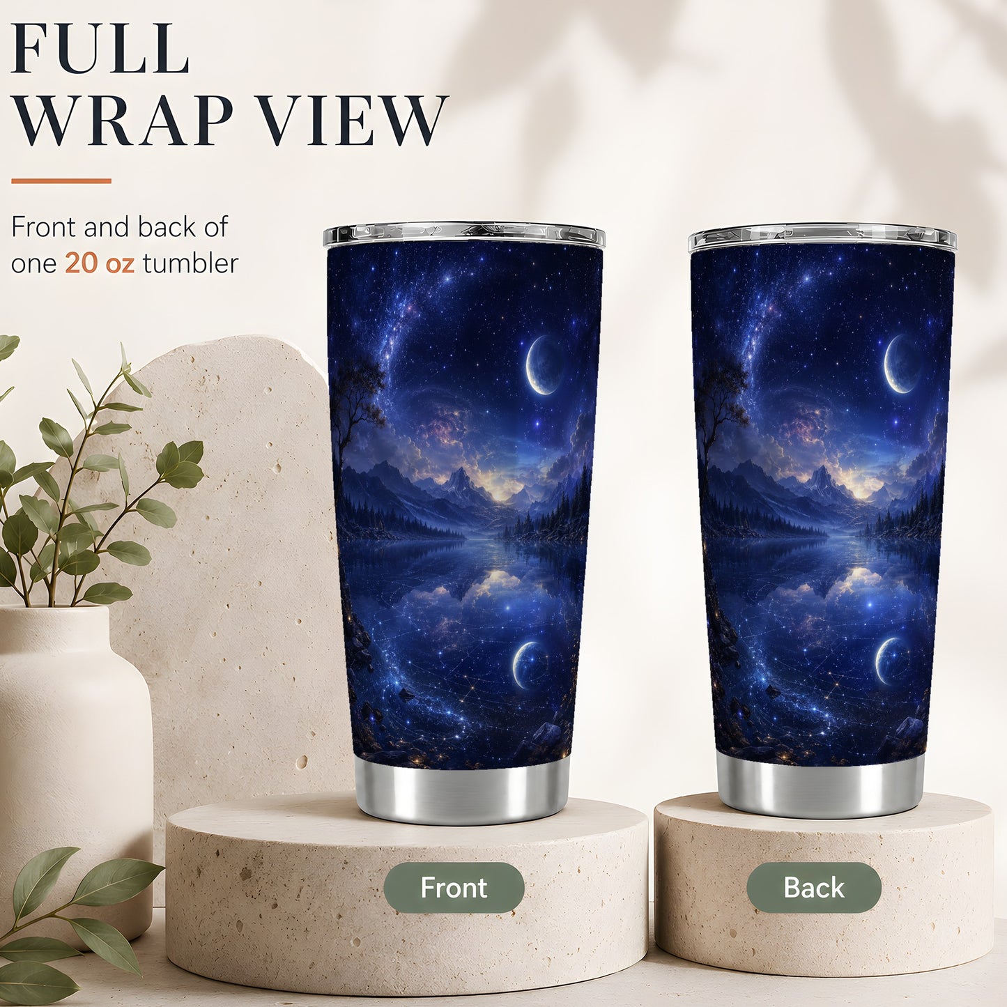 #pl[20oz|Steel] Cosmic Lake 20oz Skinny Tumbler, Moonlit Starry Night Art