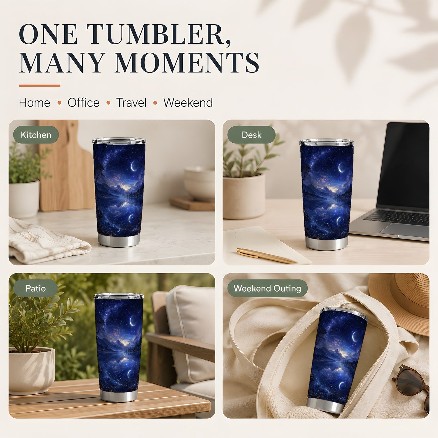 #pl[20oz|Steel] Cosmic Lake 20oz Skinny Tumbler, Moonlit Starry Night Art