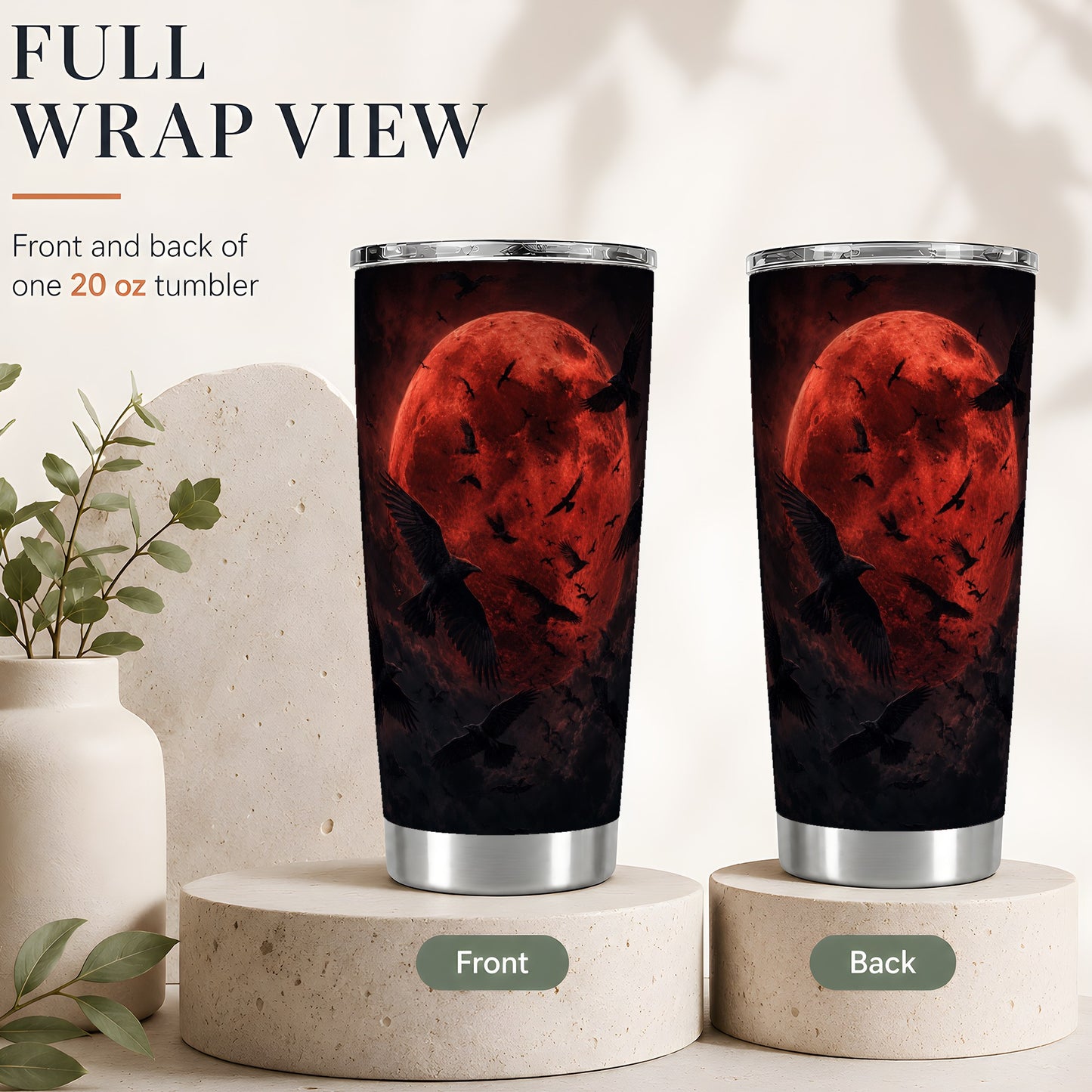 #pl[20oz|Steel] Red Moon Ravens 20oz Skinny Tumbler, Dark Gothic Night Design