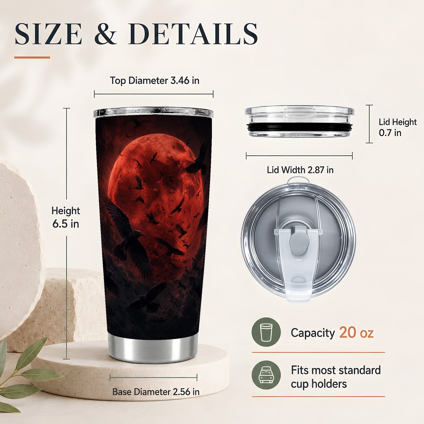 #pl[20oz|Steel] Red Moon Ravens 20oz Skinny Tumbler, Dark Gothic Night Design