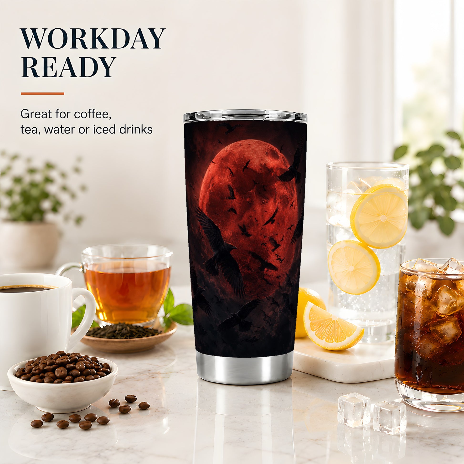 #pl[20oz|Steel] Red Moon Ravens 20oz Skinny Tumbler, Dark Gothic Night Design