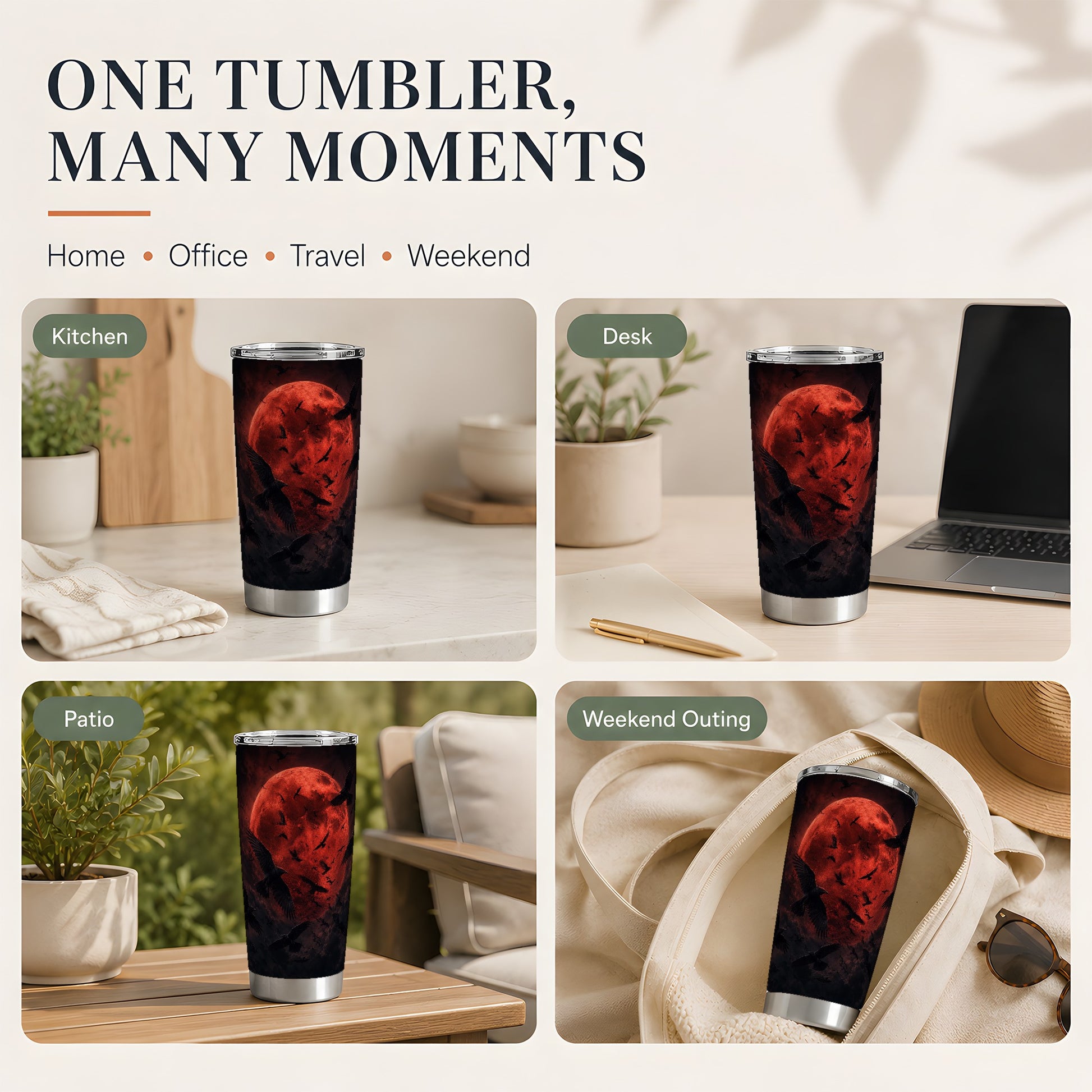 #pl[20oz|Steel] Red Moon Ravens 20oz Skinny Tumbler, Dark Gothic Night Design