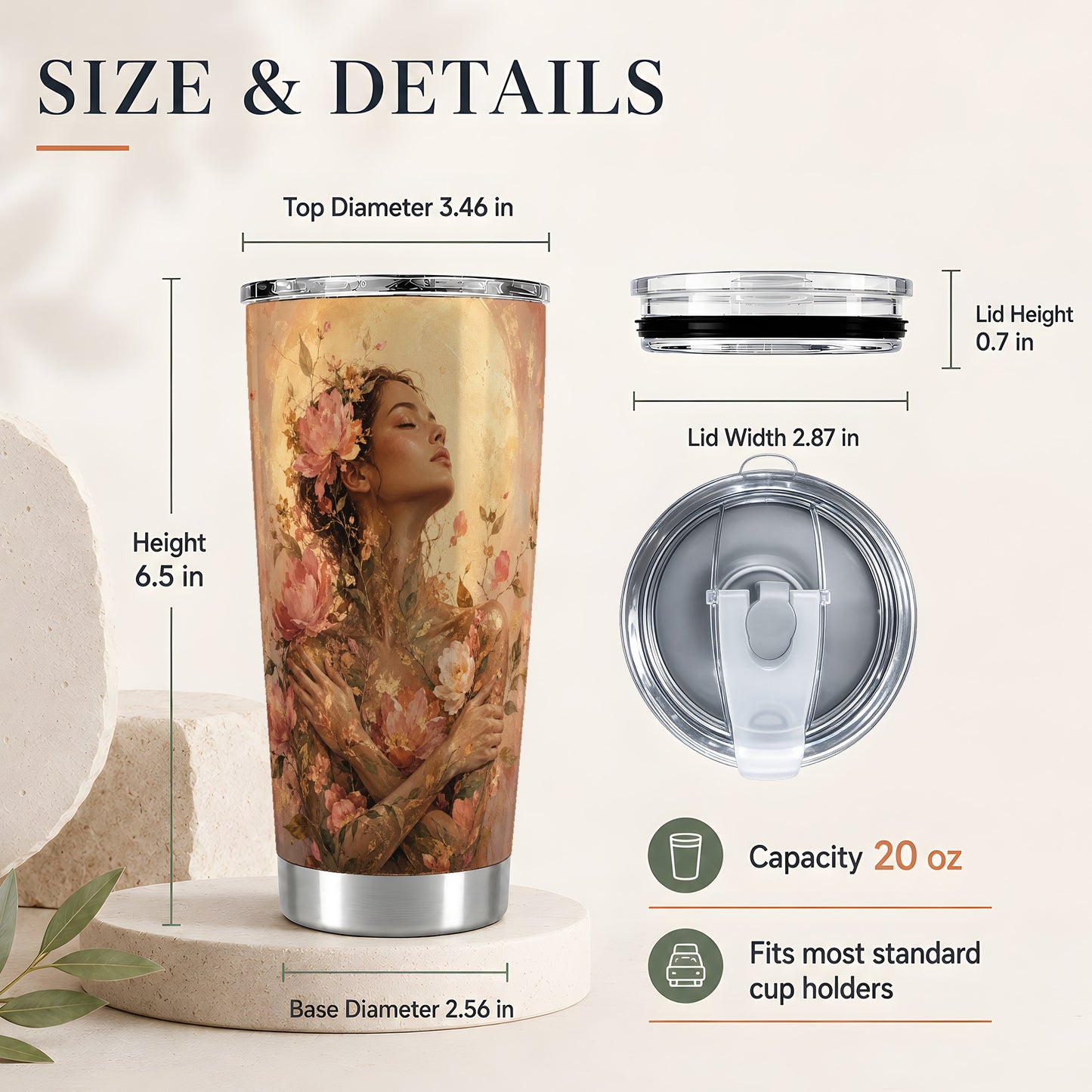#pl[20oz|Steel] Floral Woman 20oz Skinny Tumbler, Self Embrace Botanical Art