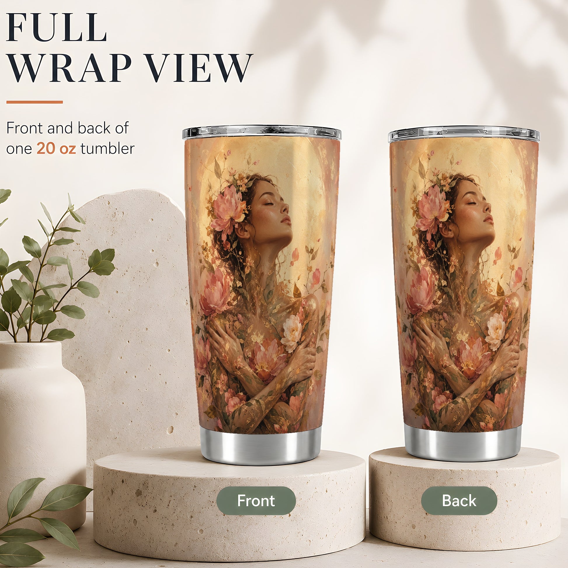 #pl[20oz|Steel] Floral Woman 20oz Skinny Tumbler, Self Embrace Botanical Art