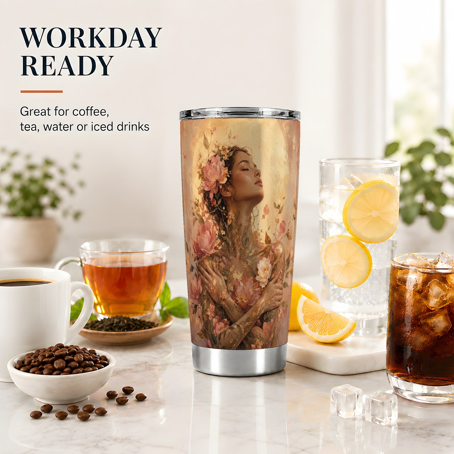 #pl[20oz|Steel] Floral Woman 20oz Skinny Tumbler, Self Embrace Botanical Art