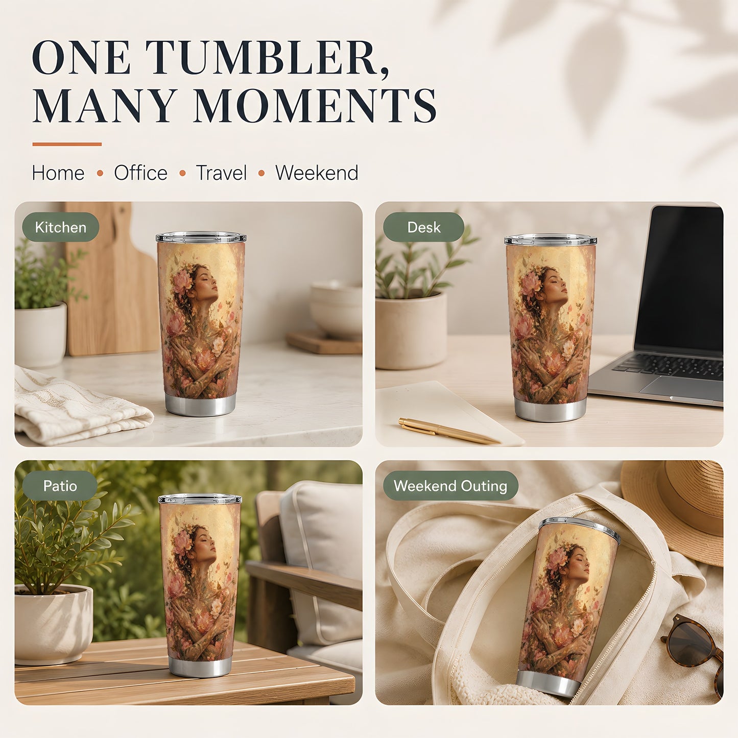 #pl[20oz|Steel] Floral Woman 20oz Skinny Tumbler, Self Embrace Botanical Art