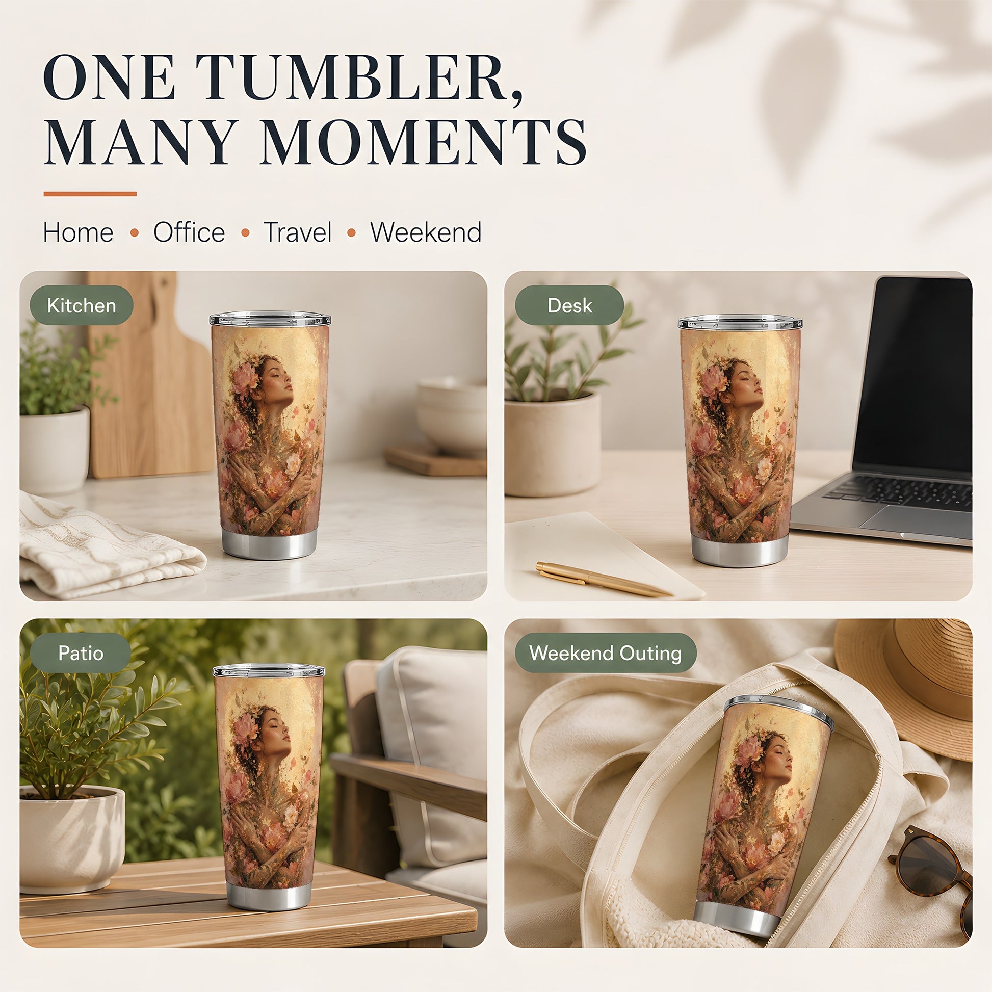 #pl[20oz|Steel] Floral Woman 20oz Skinny Tumbler, Self Embrace Botanical Art