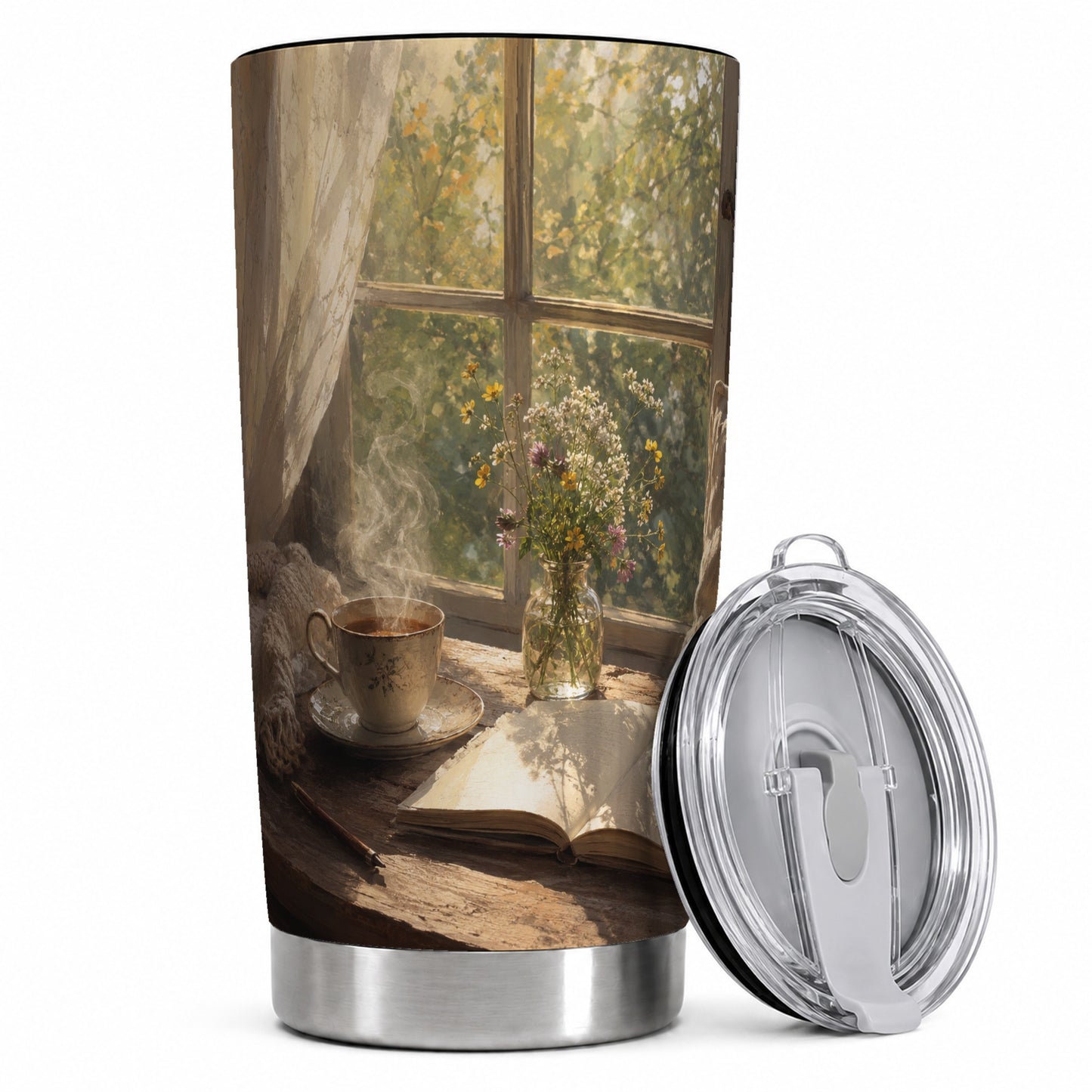 Cozy Reading Nook 20oz Skinny Tumbler, Book and Tea Design