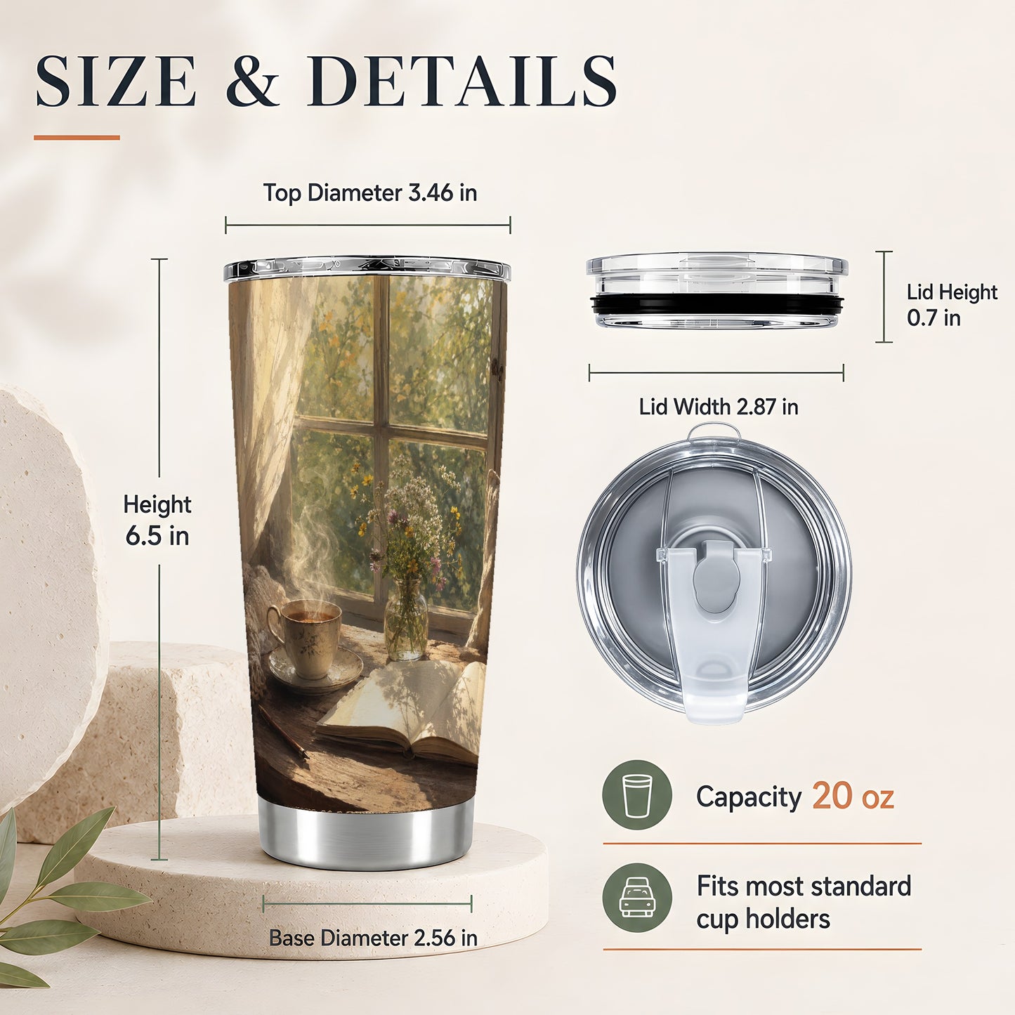 #pl[20oz|Steel] Cozy Reading Nook 20oz Skinny Tumbler, Book and Tea Design