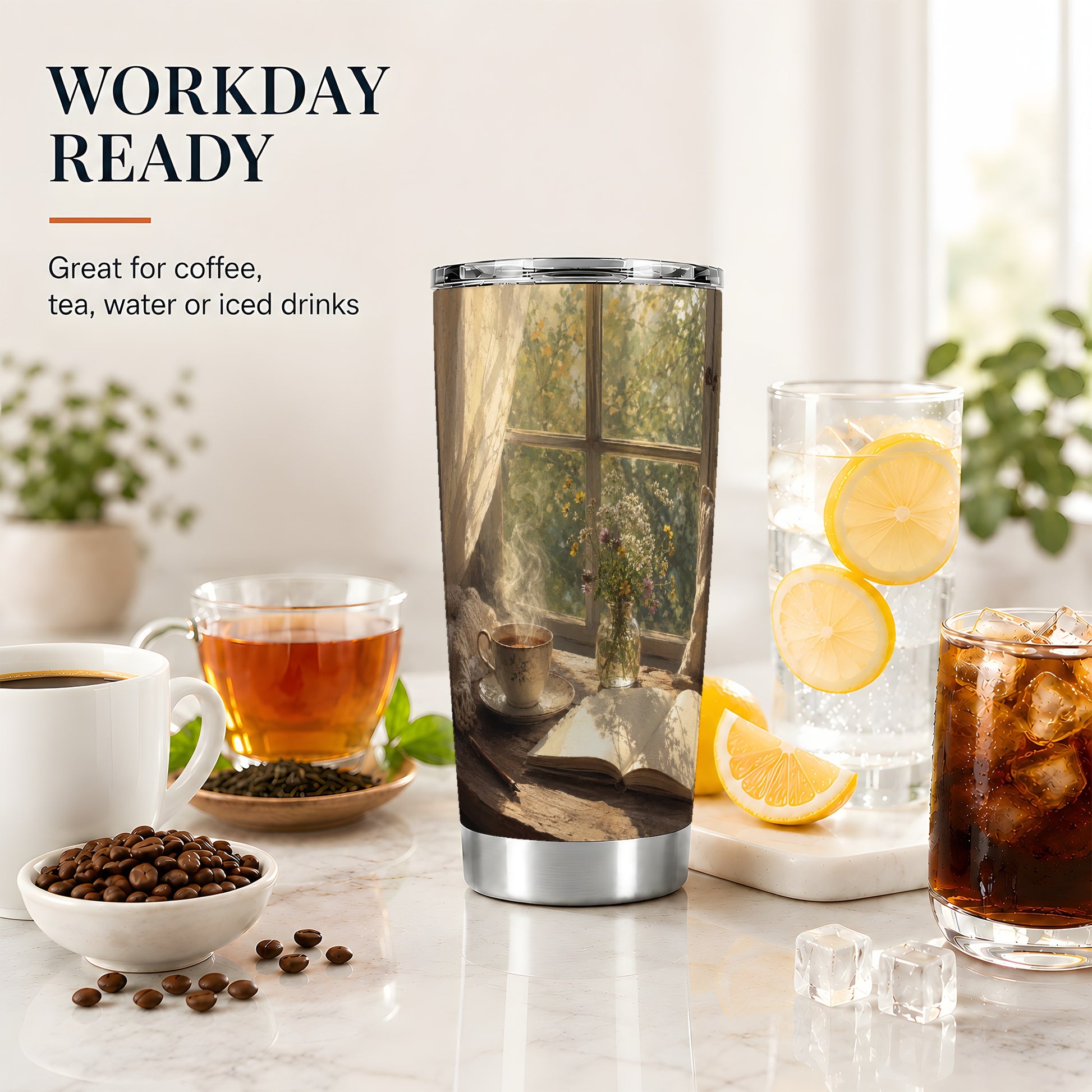 #pl[20oz|Steel] Cozy Reading Nook 20oz Skinny Tumbler, Book and Tea Design