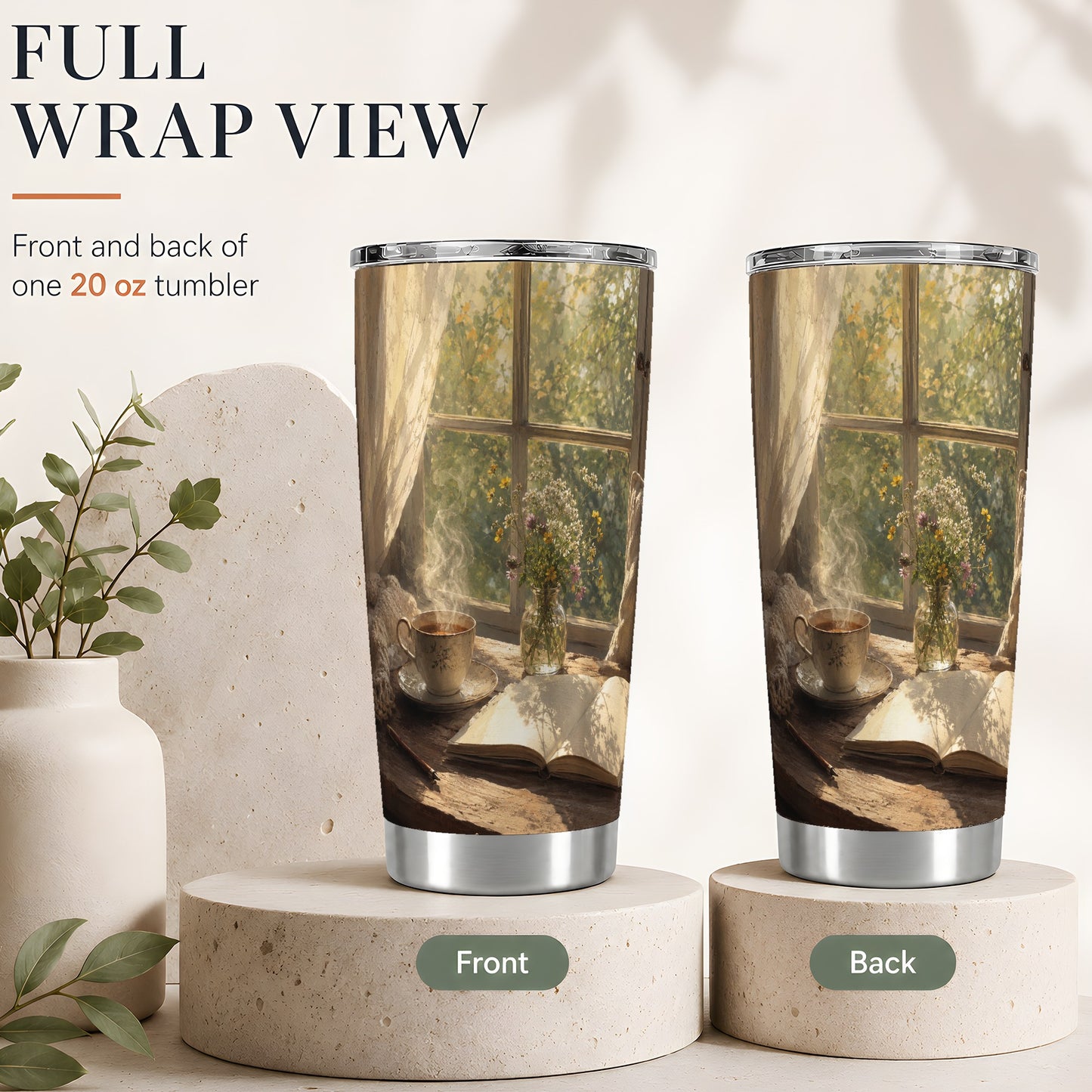#pl[20oz|Steel] Cozy Reading Nook 20oz Skinny Tumbler, Book and Tea Design