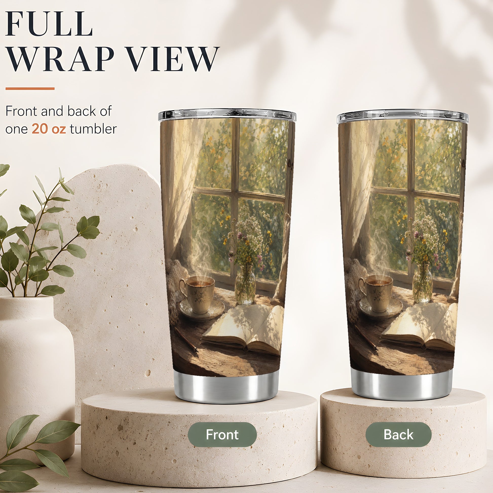 #pl[20oz|Steel] Cozy Reading Nook 20oz Skinny Tumbler, Book and Tea Design