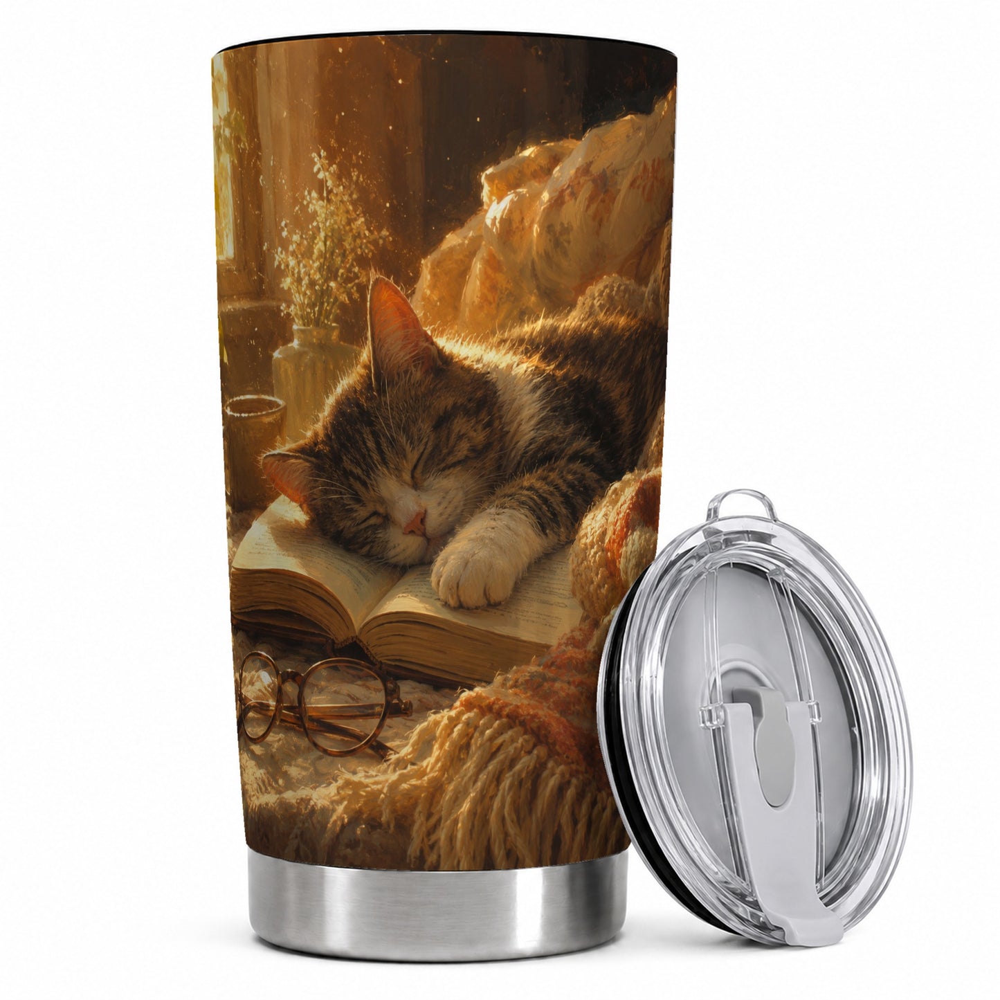 Sleeping Cat Book 20oz Skinny Tumbler, Cozy Reading Pet Design