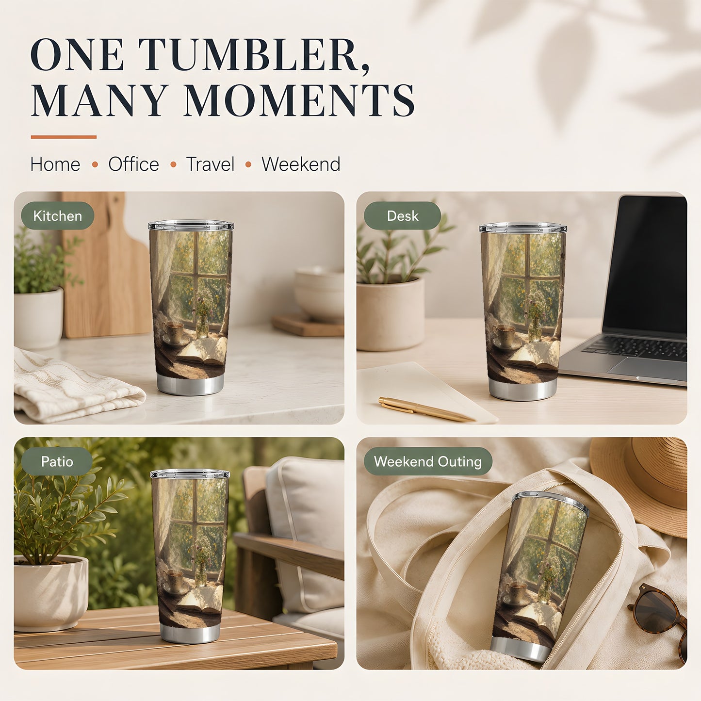 #pl[20oz|Steel] Cozy Reading Nook 20oz Skinny Tumbler, Book and Tea Design