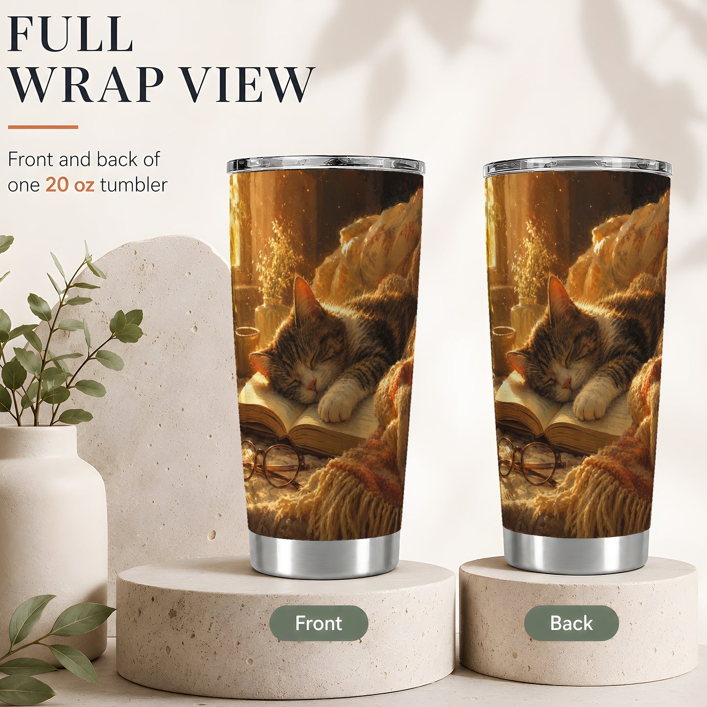 #pl[20oz|Steel] Sleeping Cat Book 20oz Skinny Tumbler, Cozy Reading Pet Design