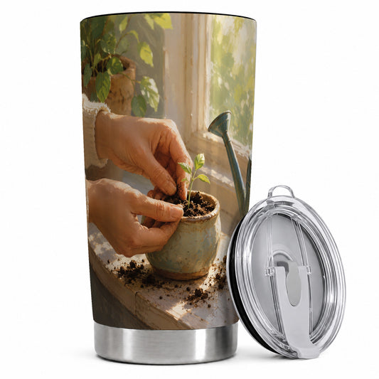 Planting Seedling 20oz Skinny Tumbler, Sunny Gardening Design