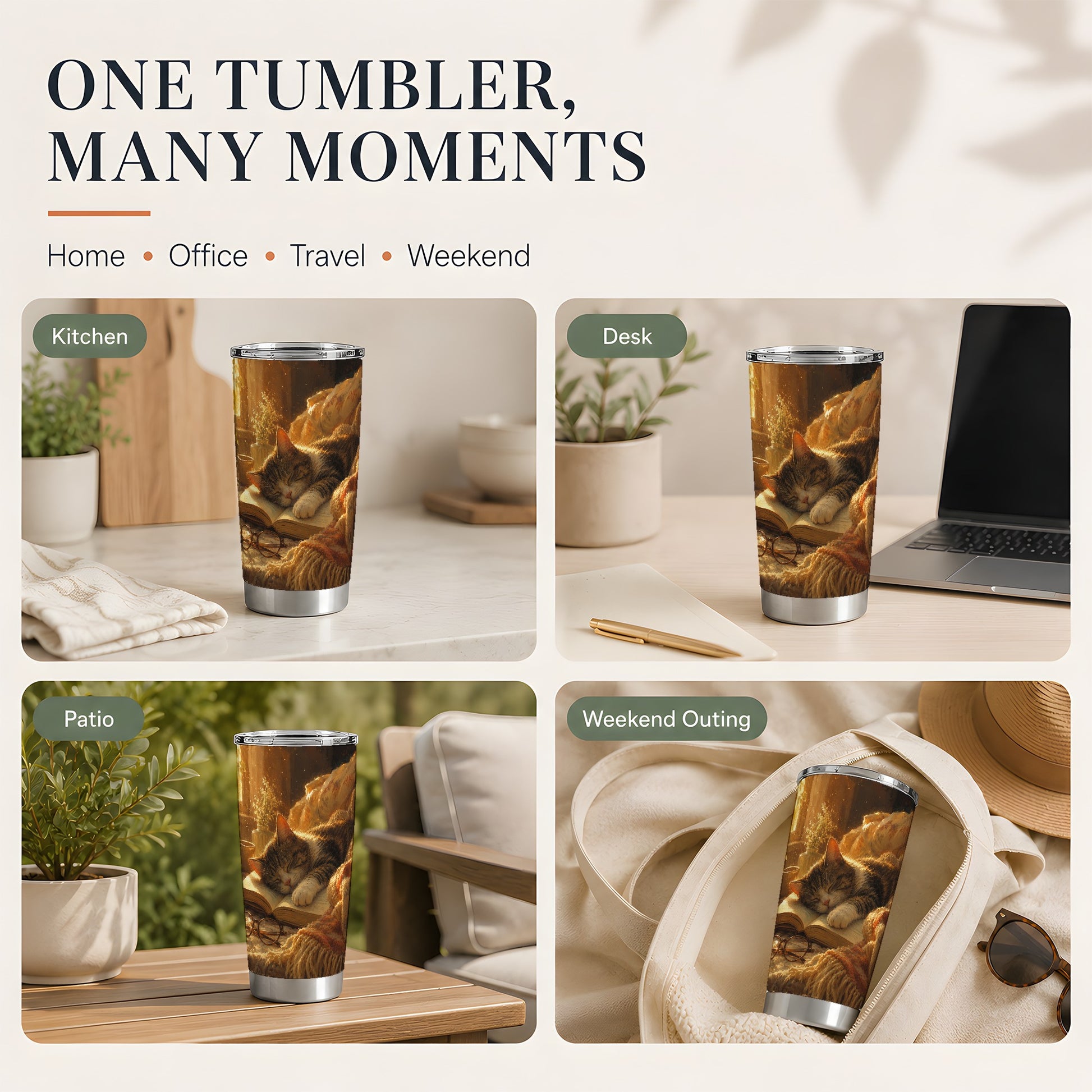 #pl[20oz|Steel] Sleeping Cat Book 20oz Skinny Tumbler, Cozy Reading Pet Design