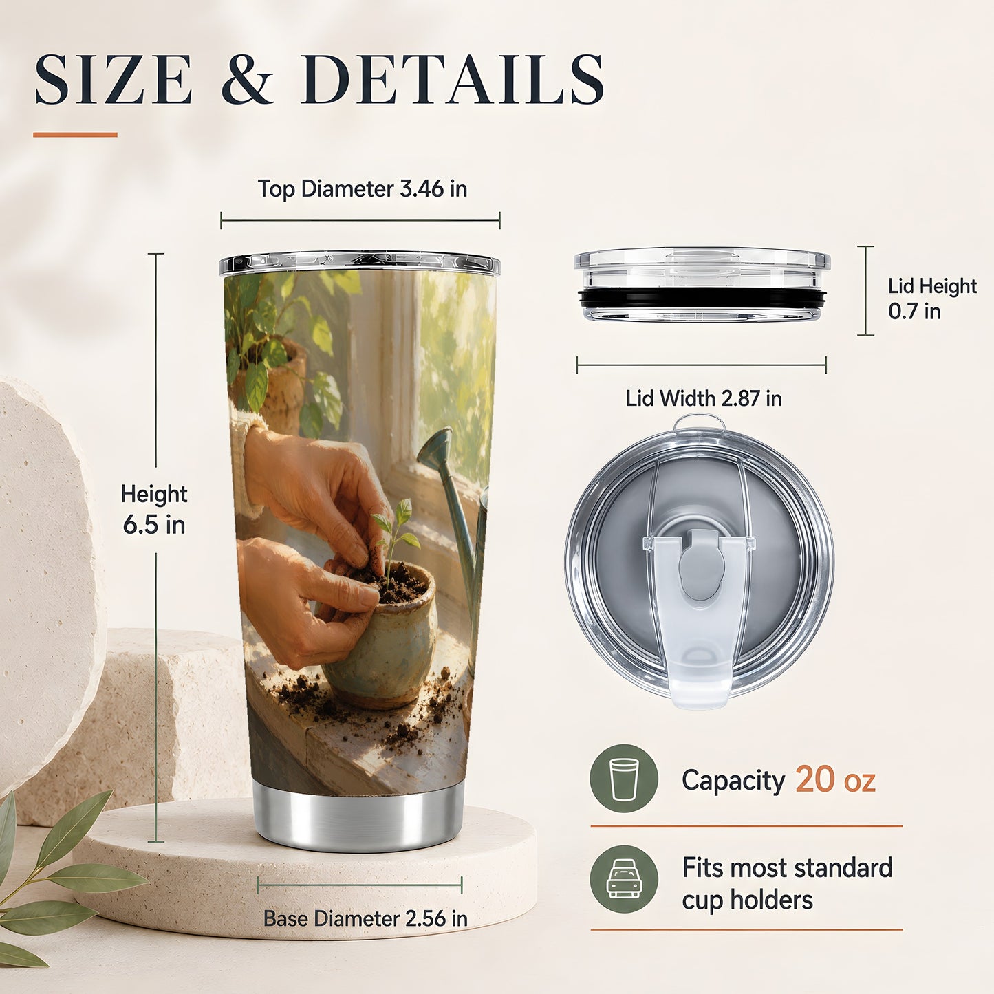 #pl[20oz|Steel] Planting Seedling 20oz Skinny Tumbler, Sunny Gardening Design