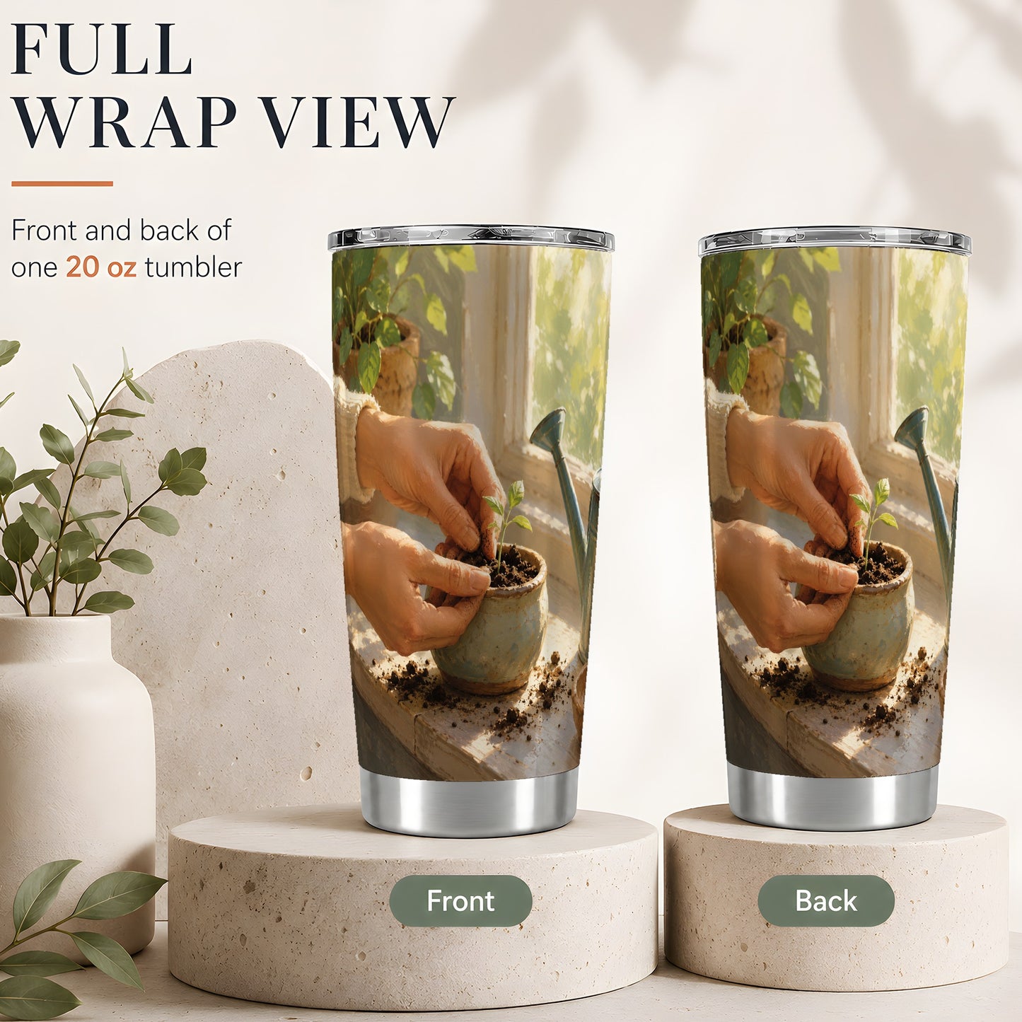 #pl[20oz|Steel] Planting Seedling 20oz Skinny Tumbler, Sunny Gardening Design