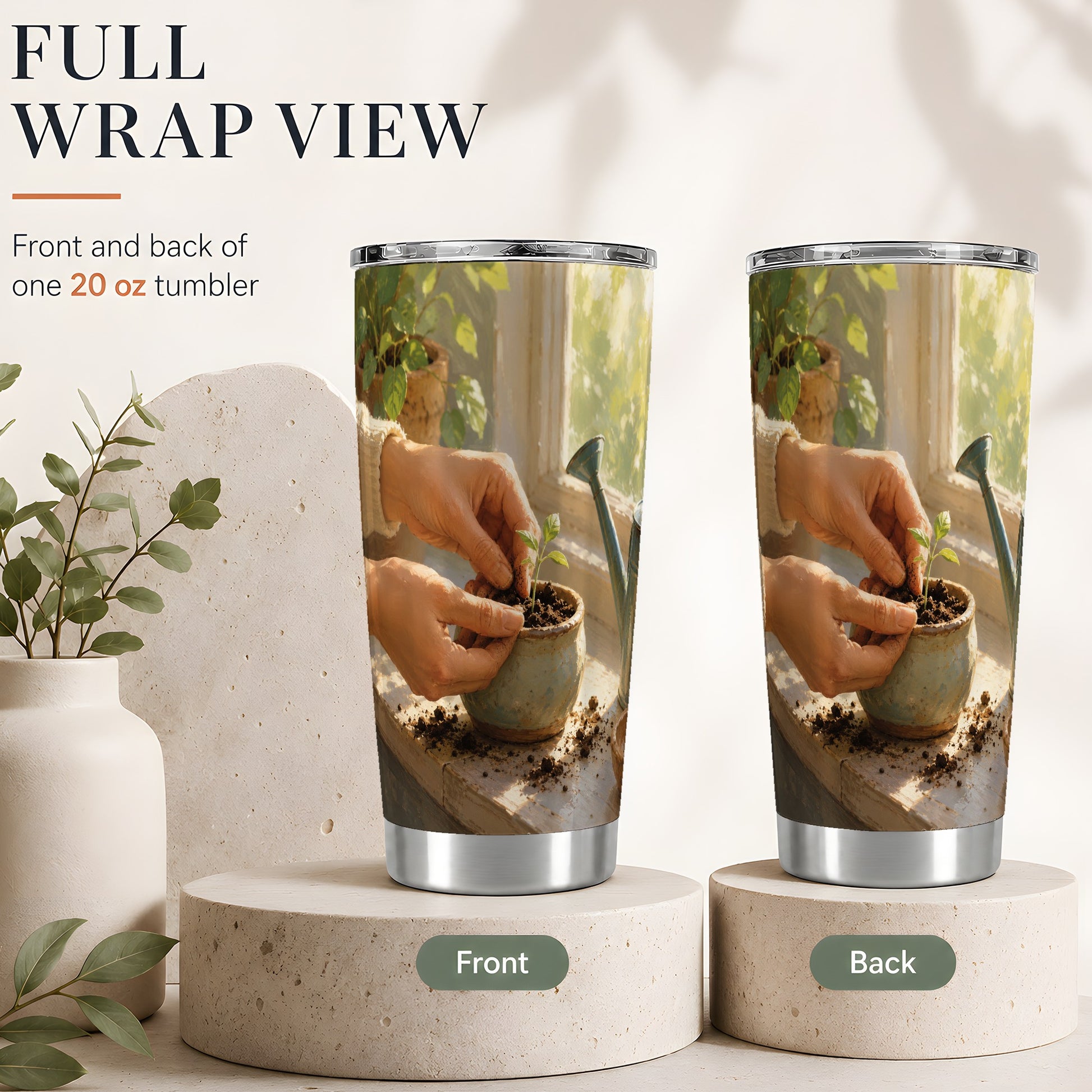 #pl[20oz|Steel] Planting Seedling 20oz Skinny Tumbler, Sunny Gardening Design